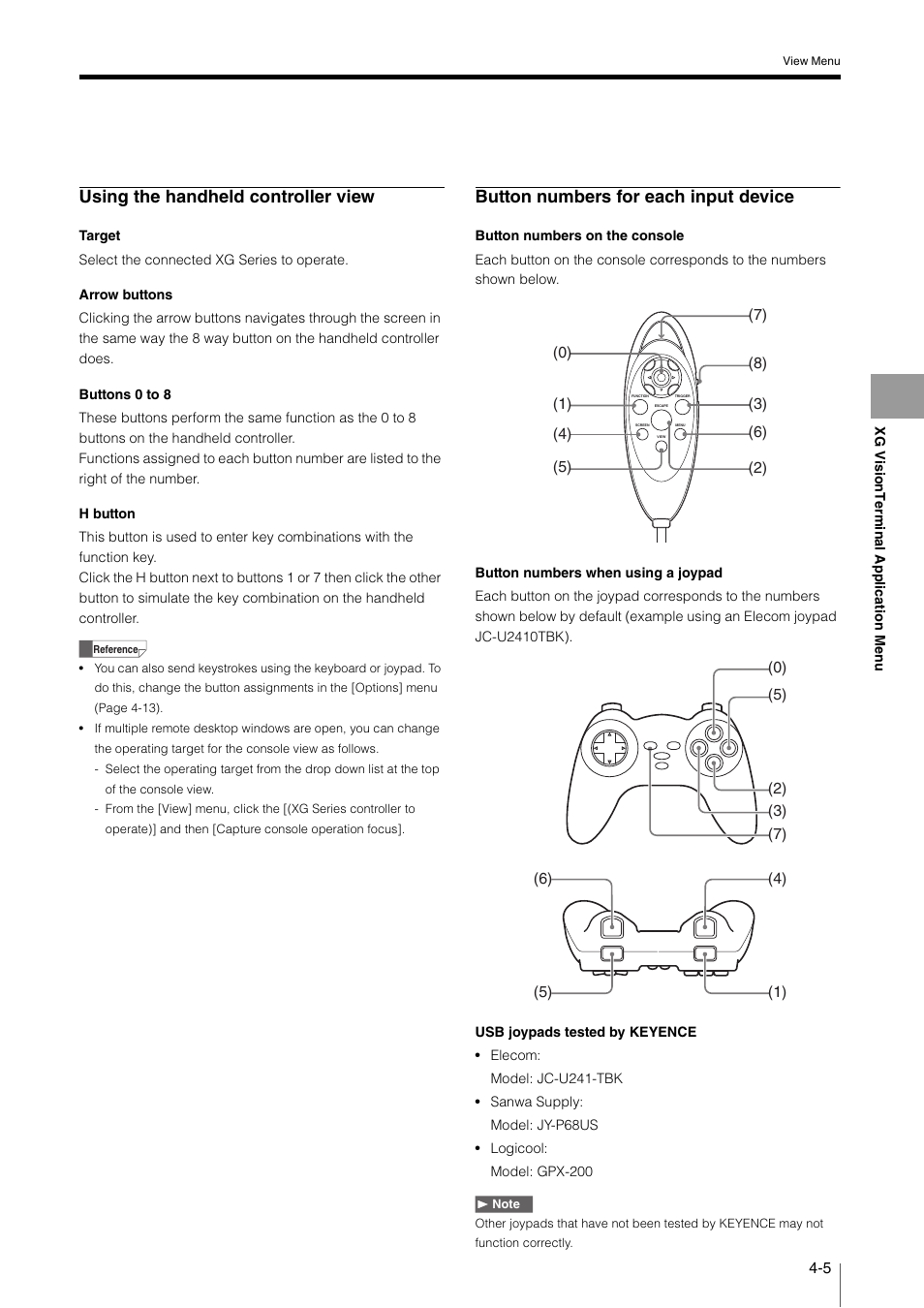 Using the handheld controller view, Button numbers for each input device | KEYENCE XG VisionTerminal User Manual | Page 37 / 58