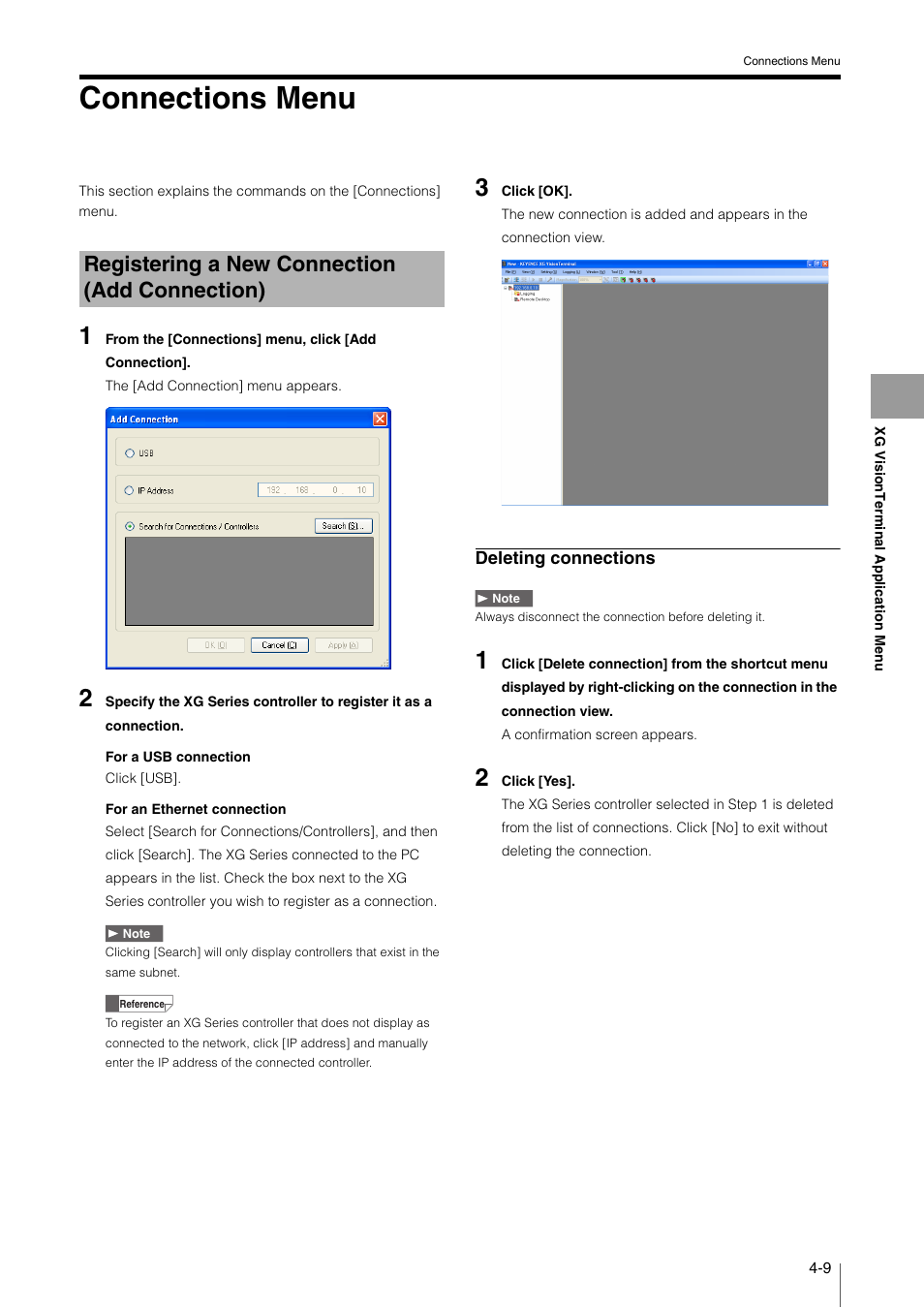 Connections menu, Registering a new connection (add connection), Connections menu -9 | Registering a new connection, Add connection) -9 | KEYENCE XG VisionTerminal User Manual | Page 41 / 58