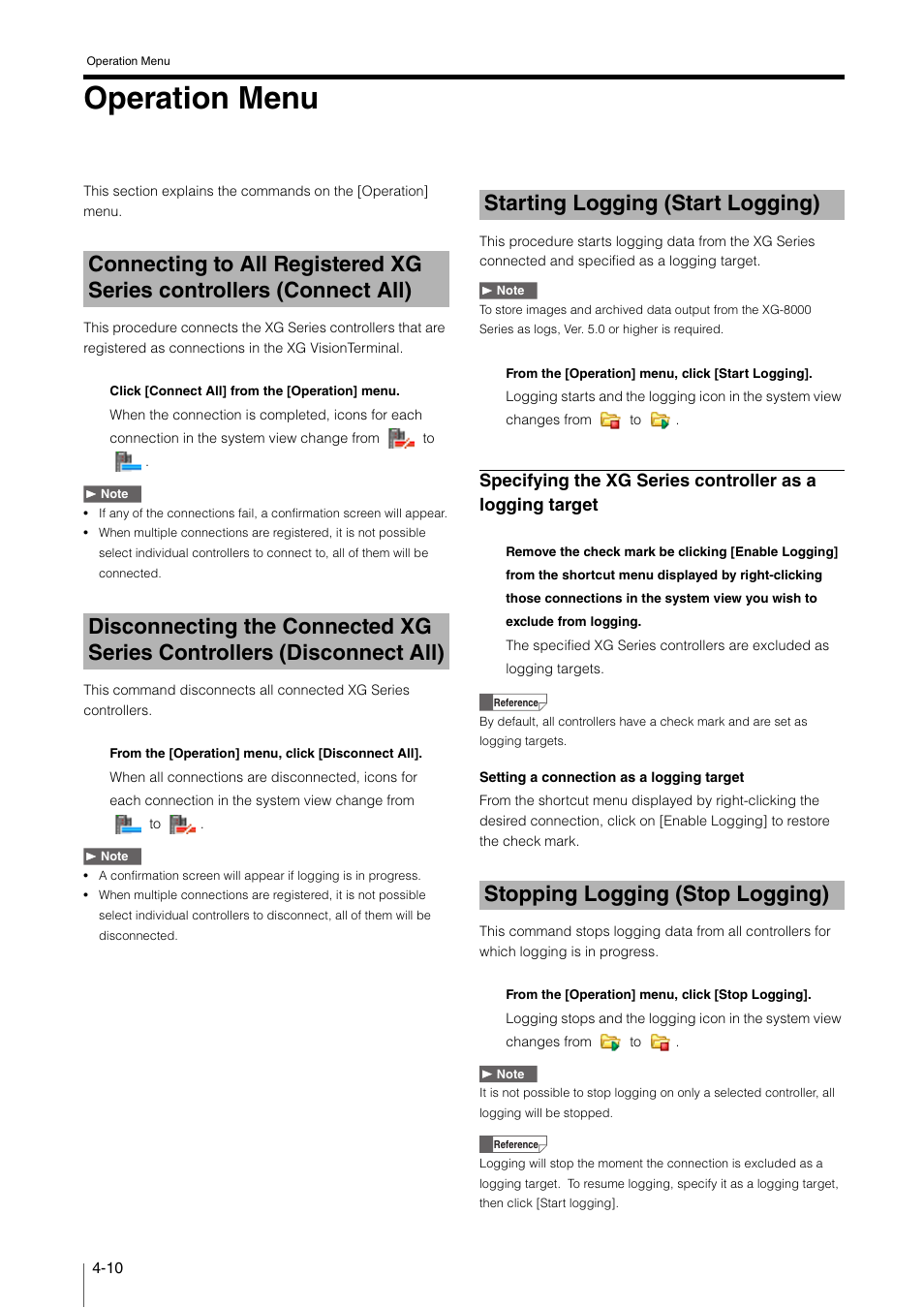 Operation menu, Starting logging (start logging), Stopping logging (stop logging) | Operation menu -10, Connecting to all registered xg series, Controllers (connect all) -10, Disconnecting the connected xg series, Controllers (disconnect all) -10, Starting logging (start logging) -10, Stopping logging (stop logging) -10 | KEYENCE XG VisionTerminal User Manual | Page 42 / 58