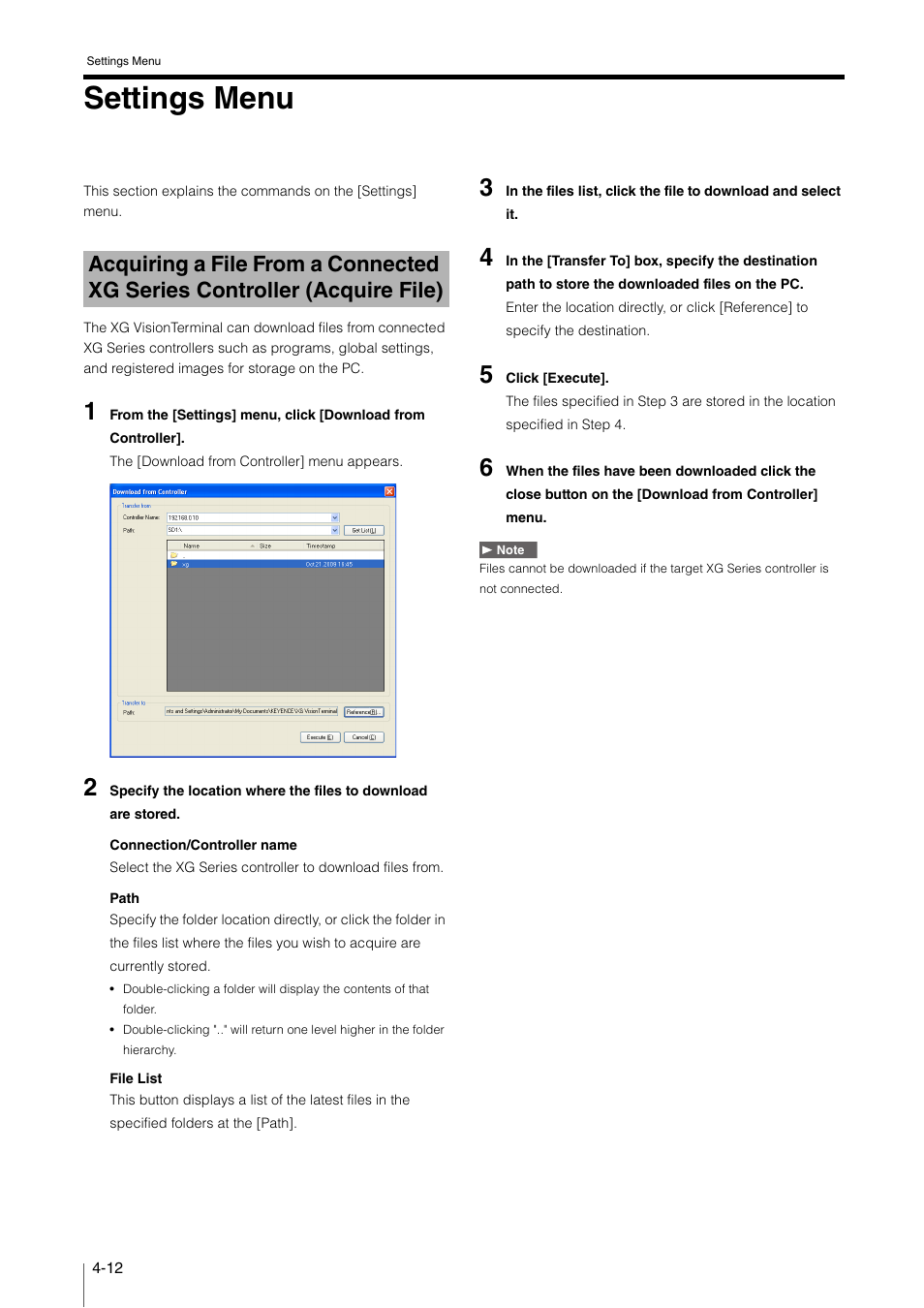 Settings menu, Settings menu -12, Acquiring a file from a connected | Xg series controller (acquire file) -12 | KEYENCE XG VisionTerminal User Manual | Page 44 / 58