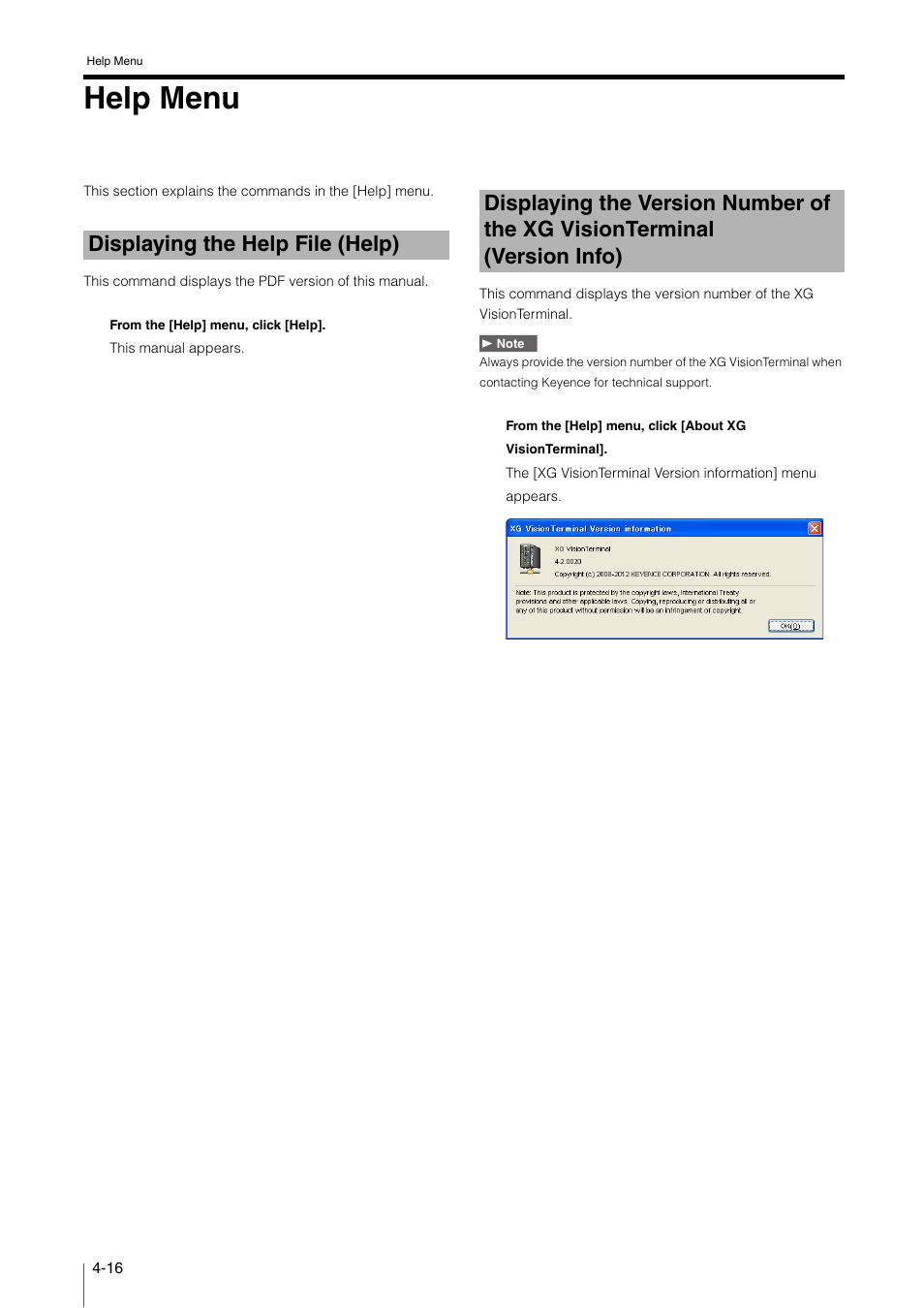 Help menu, Displaying the help file (help), Help menu -16 | Displaying the help file (help) -16, Displaying the version number of the xg, Visionterminal (version info) -16 | KEYENCE XG VisionTerminal User Manual | Page 48 / 58