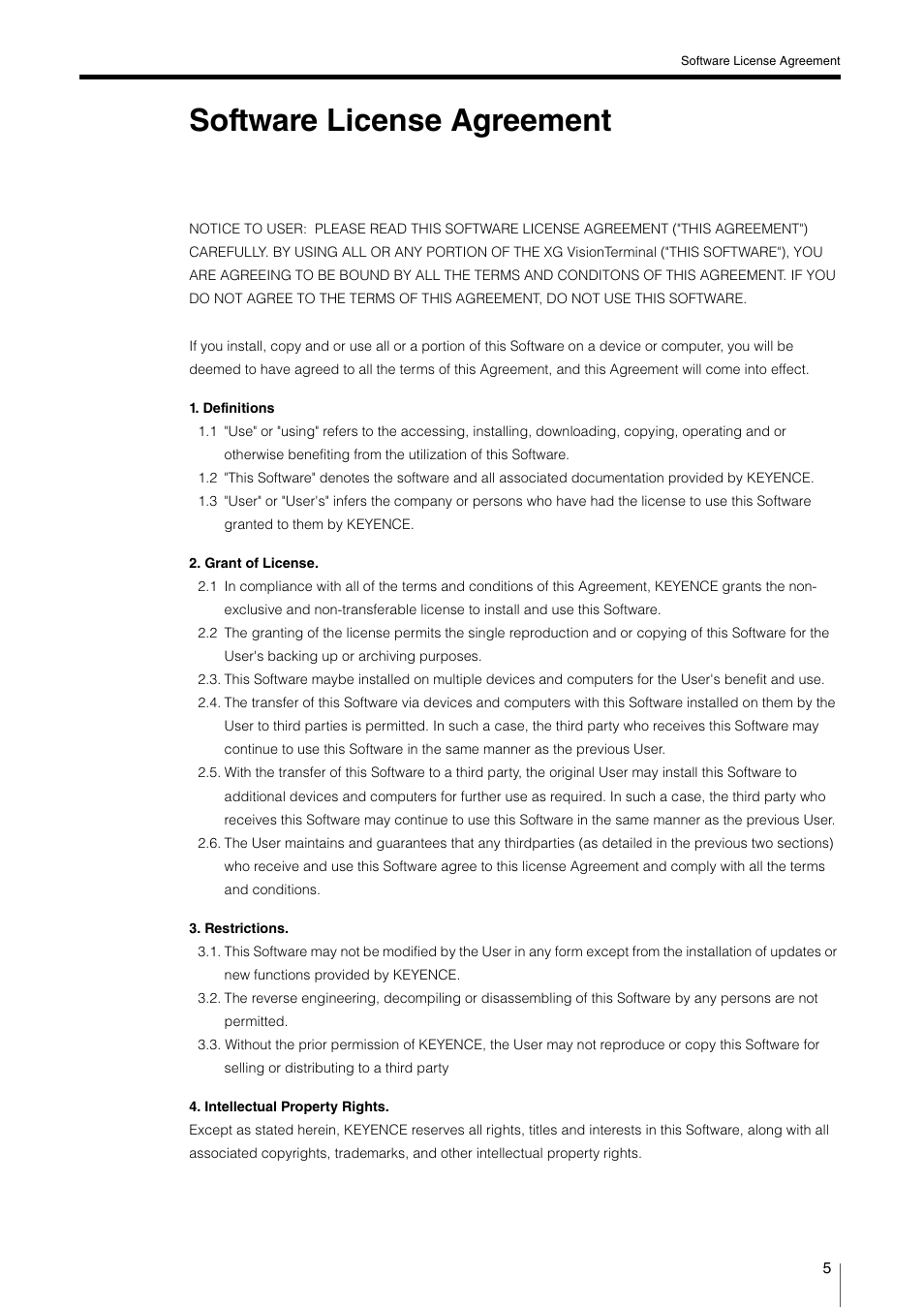 Software license agreement | KEYENCE XG VisionTerminal User Manual | Page 5 / 58