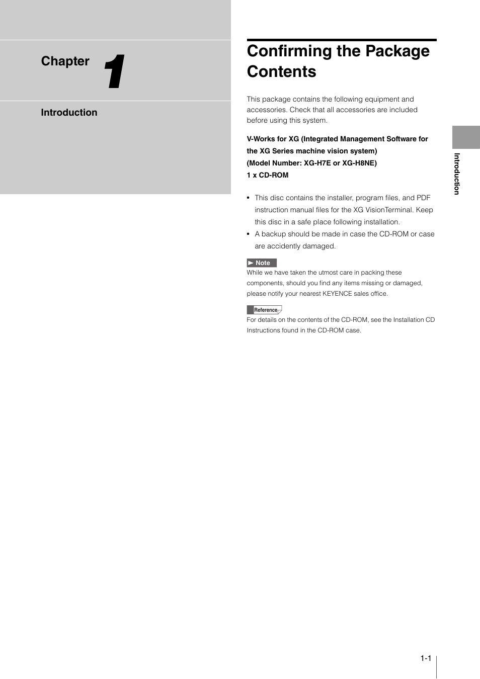 Chapter 1 introduction, Confirming the package contents, Confirming the package contents -1 | Chapter | KEYENCE XG VisionTerminal User Manual | Page 9 / 58