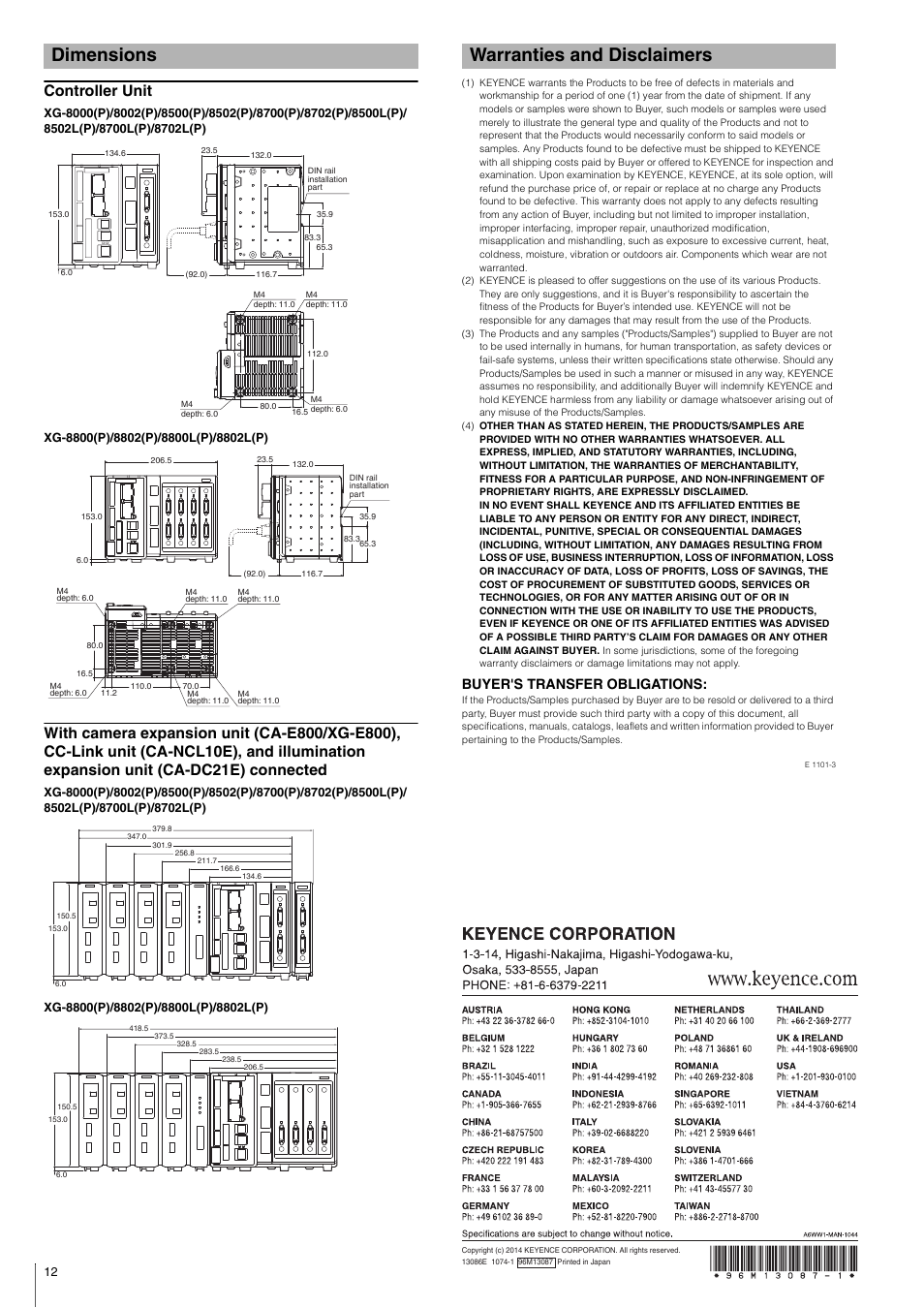 Dimensions, Controller unit, Warranties and disclaimers | Buyer's transfer obligations | KEYENCE XG-8000 Series User Manual | Page 12 / 12