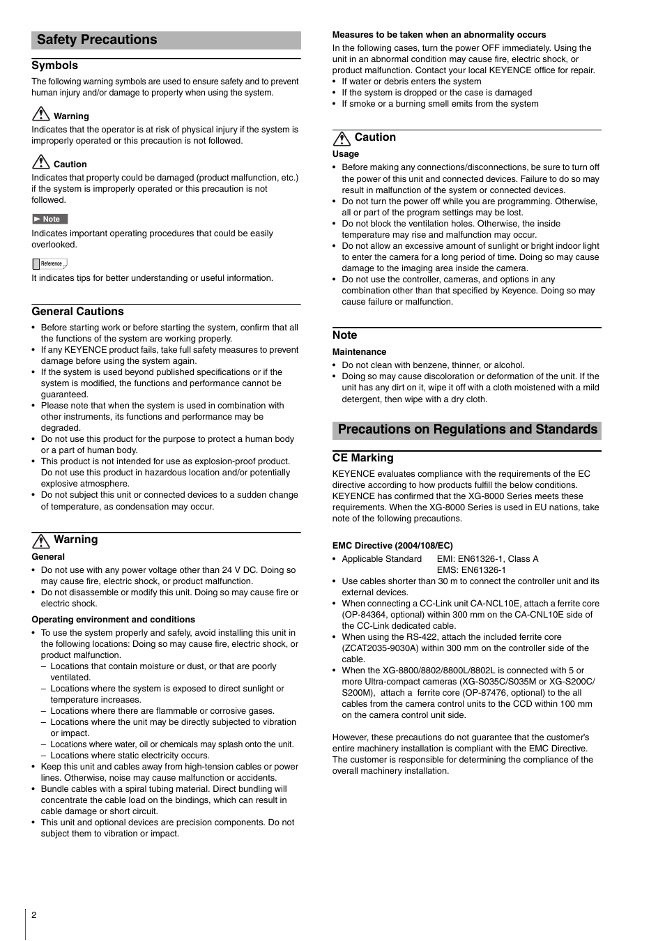Safety precautions, Symbols, General cautions | Warning, Caution, Note, Precautions on regulations and standards, Ce marking | KEYENCE XG-8000 Series User Manual | Page 2 / 12
