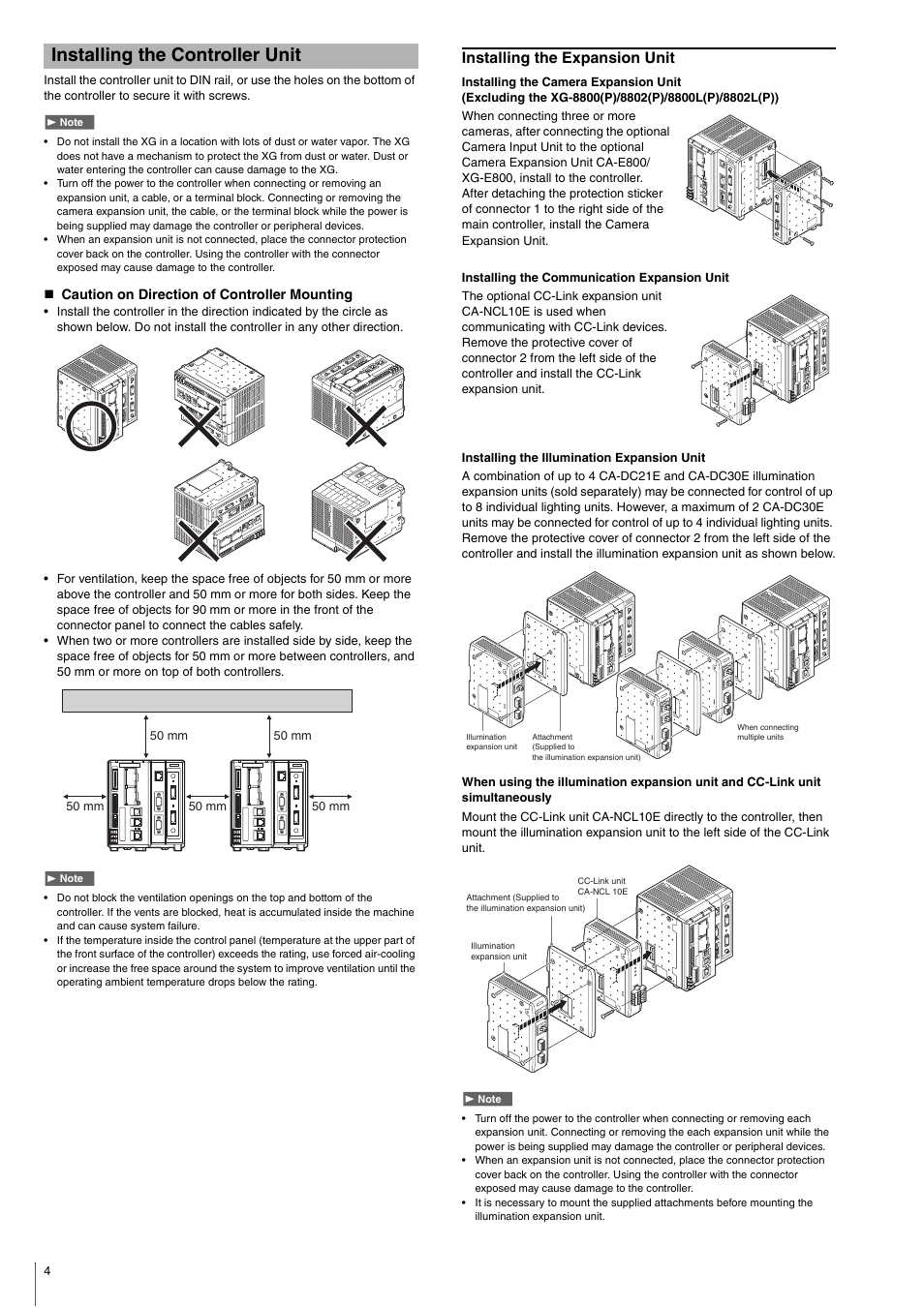 Installing the controller unit, Caution on direction of controller mounting, Installing the expansion unit | KEYENCE XG-8000 Series User Manual | Page 4 / 12