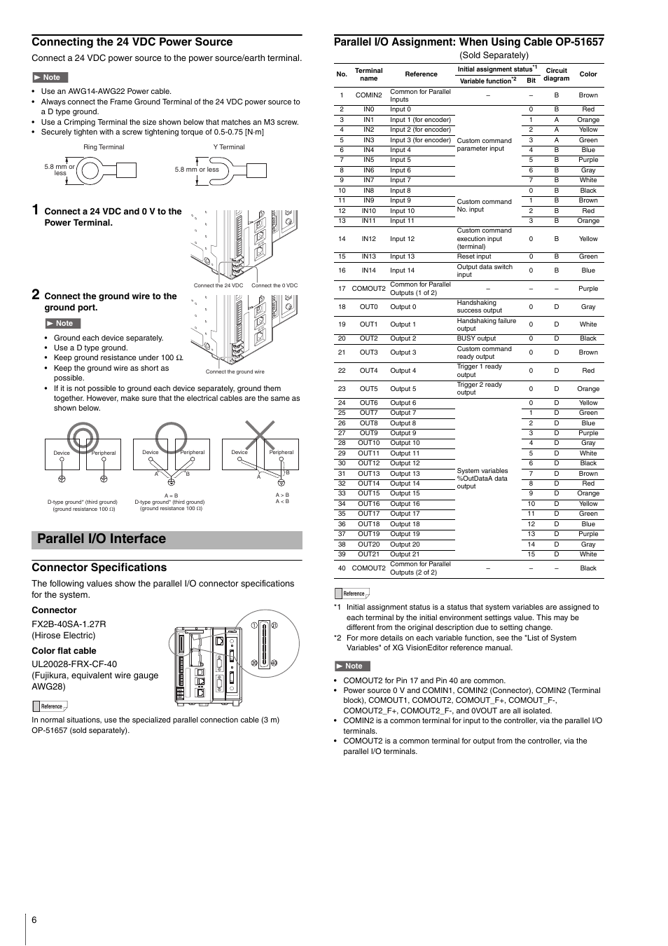 Connecting the 24 vdc power source, Parallel i/o interface, Connector specifications | Parallel i/o assignment: when using cable op-51657 | KEYENCE XG-8000 Series User Manual | Page 6 / 12