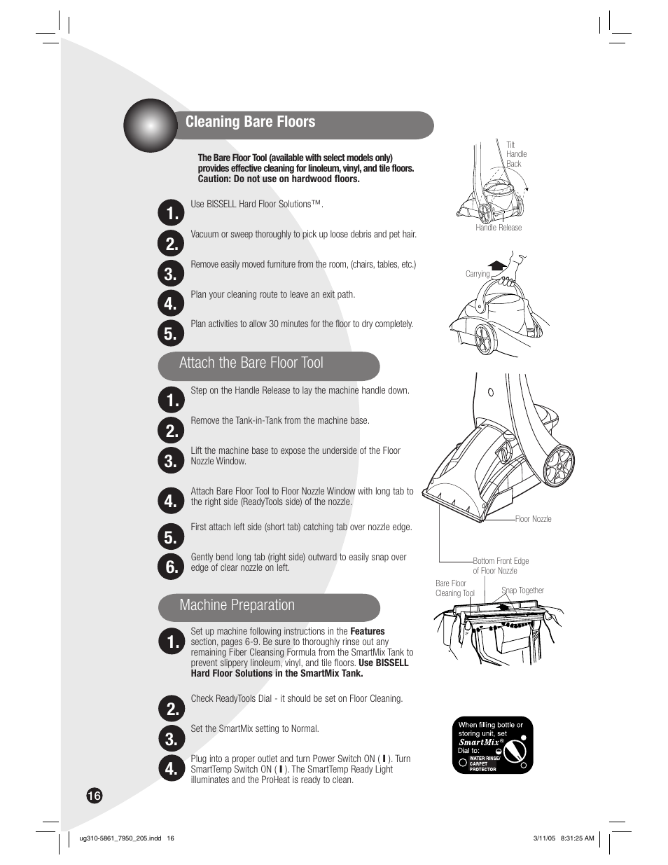 Machine preparation, Cleaning bare floors attach the bare floor tool | Bissell 7950 User Manual | Page 16 / 24