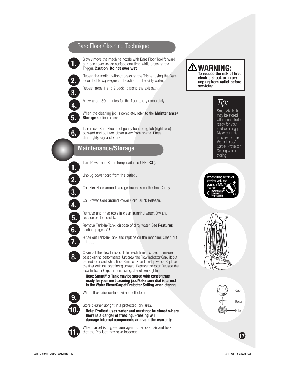 Warning, Bare floor cleaning technique, Maintenance/storage | Bissell 7950 User Manual | Page 17 / 24