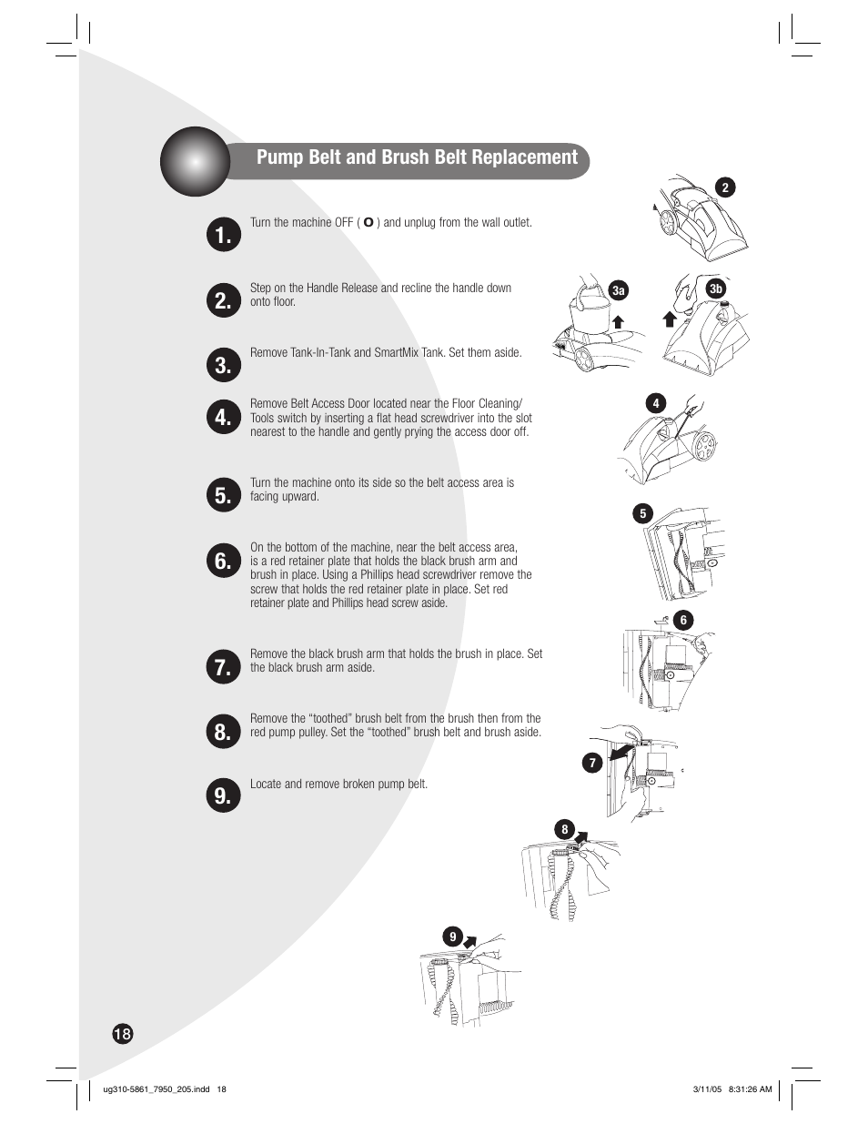 Pump belt and brush belt replacement | Bissell 7950 User Manual | Page 18 / 24