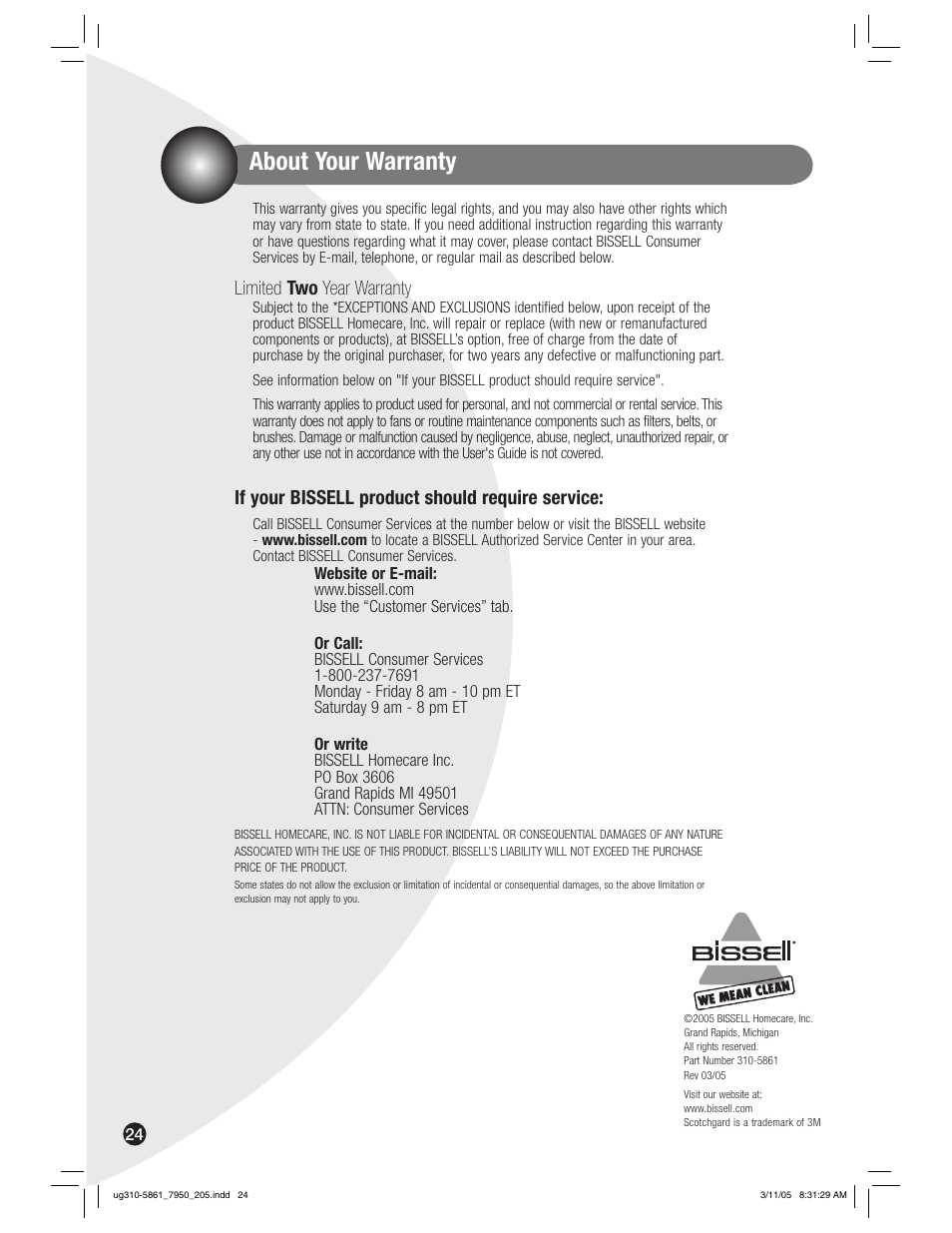 About your warranty, Limited two year warranty, If your bissell product should require service | Bissell 7950 User Manual | Page 24 / 24