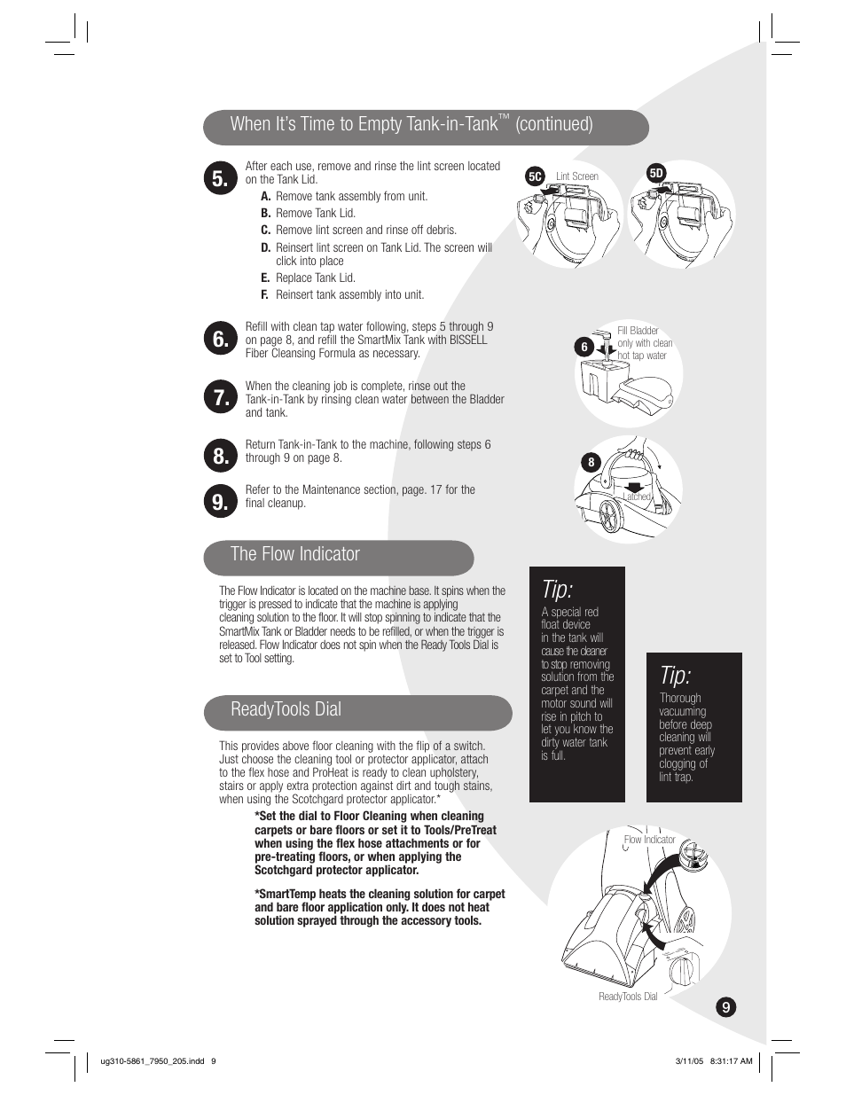 When it’s time to empty tank-in-tank, Continued), The flow indicator readytools dial | Bissell 7950 User Manual | Page 9 / 24