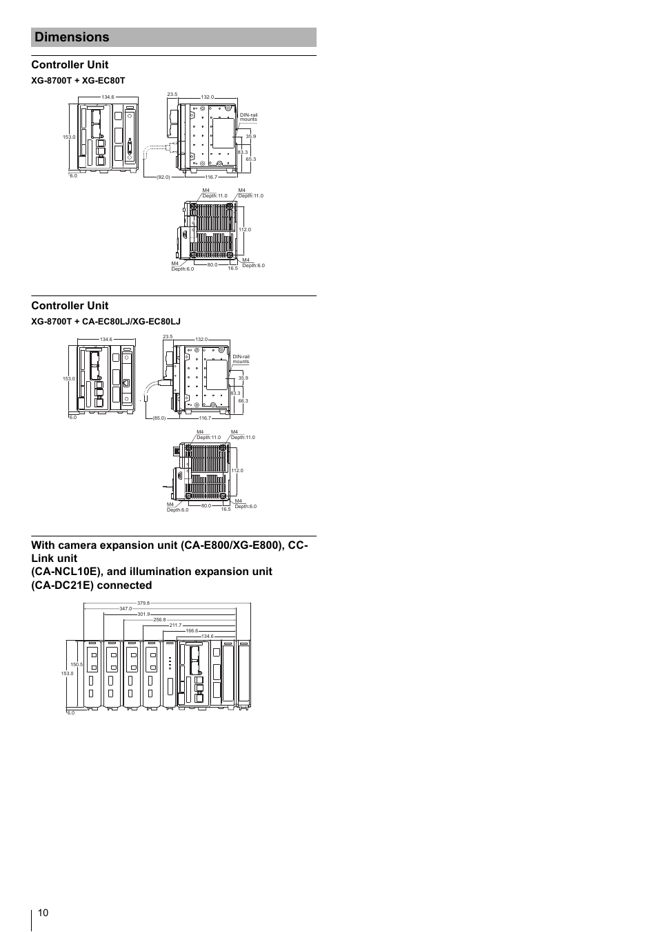 Dimensions, Controller unit | KEYENCE XG-8700T User Manual | Page 10 / 12