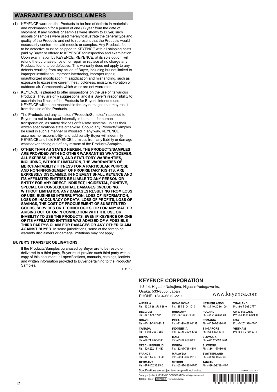 Warranties and disclaimers | KEYENCE XG-8700T User Manual | Page 12 / 12