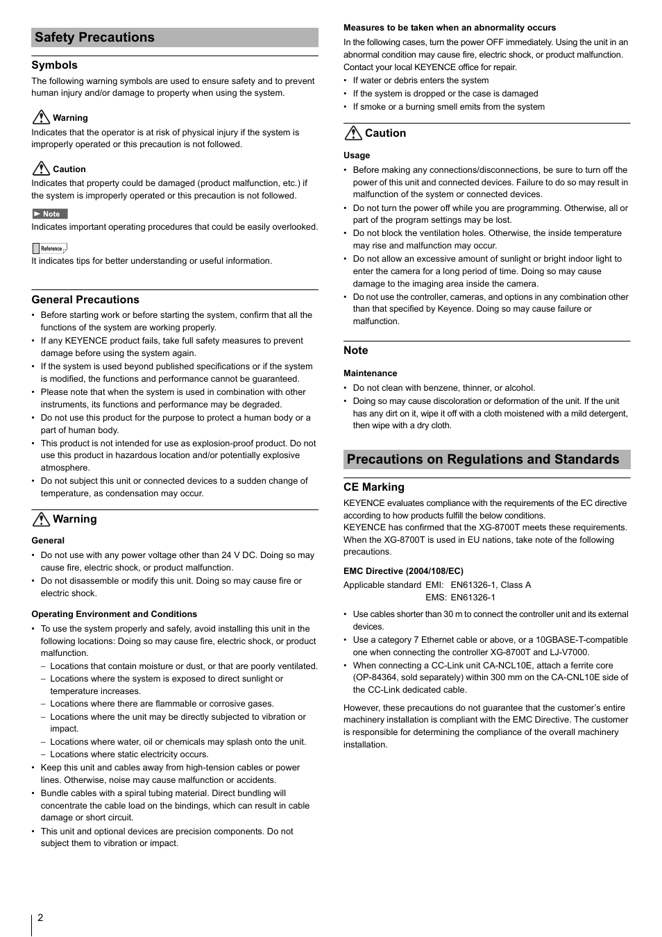 Safety precautions, Symbols, General precautions | Warning, Caution, Note, Precautions on regulations and standards, Ce marking | KEYENCE XG-8700T User Manual | Page 2 / 12