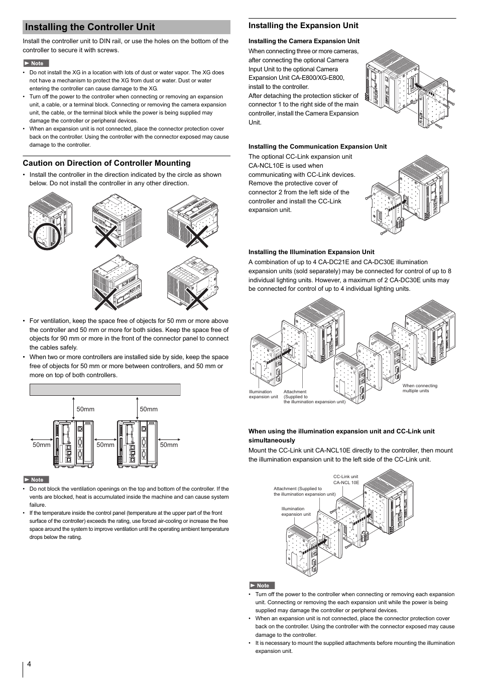 Installing the controller unit, Caution on direction of controller mounting, Installing the expansion unit | KEYENCE XG-8700T User Manual | Page 4 / 12