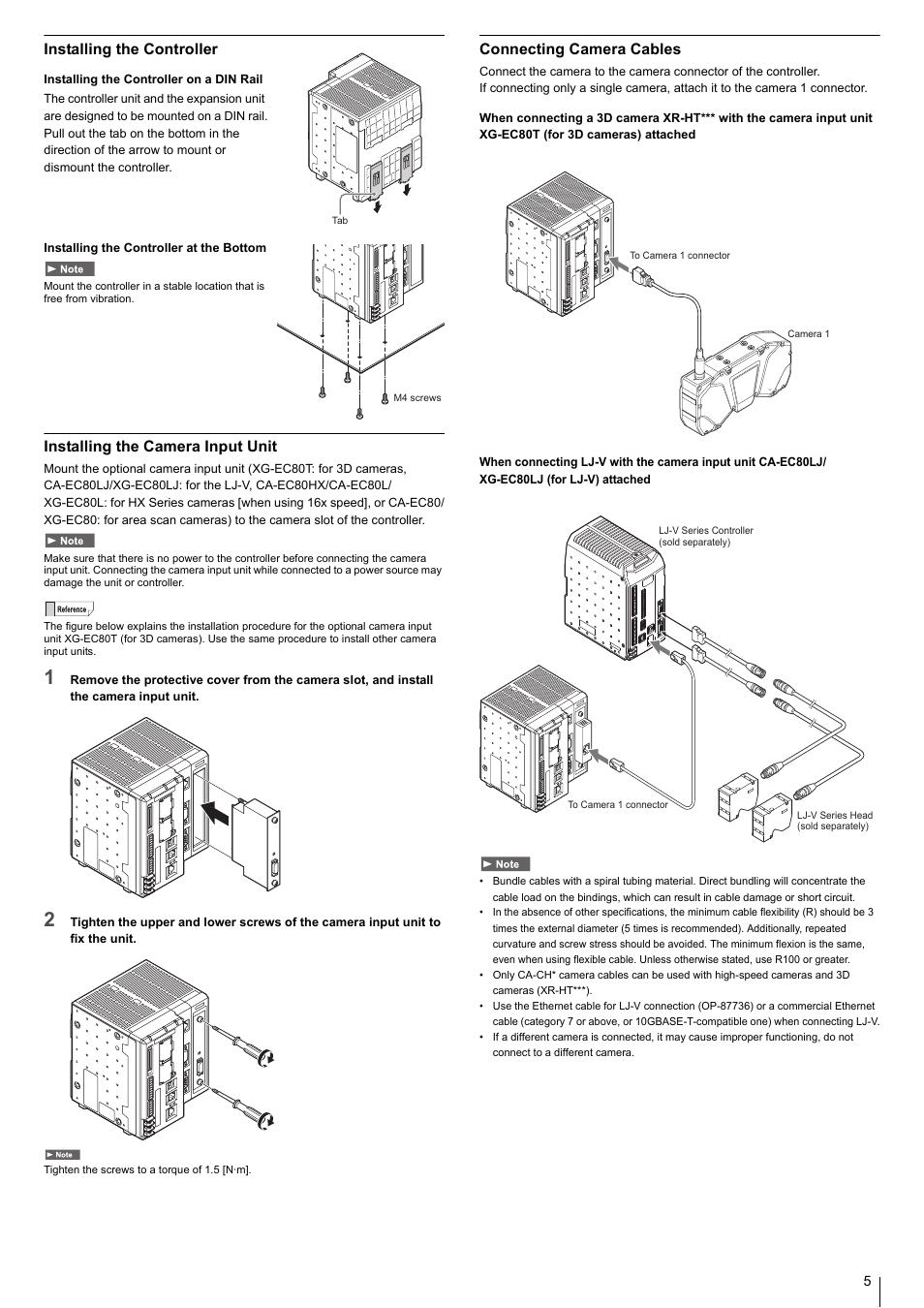 Installing the controller, Installing the camera input unit, Connecting camera cables | KEYENCE XG-8700T User Manual | Page 5 / 12