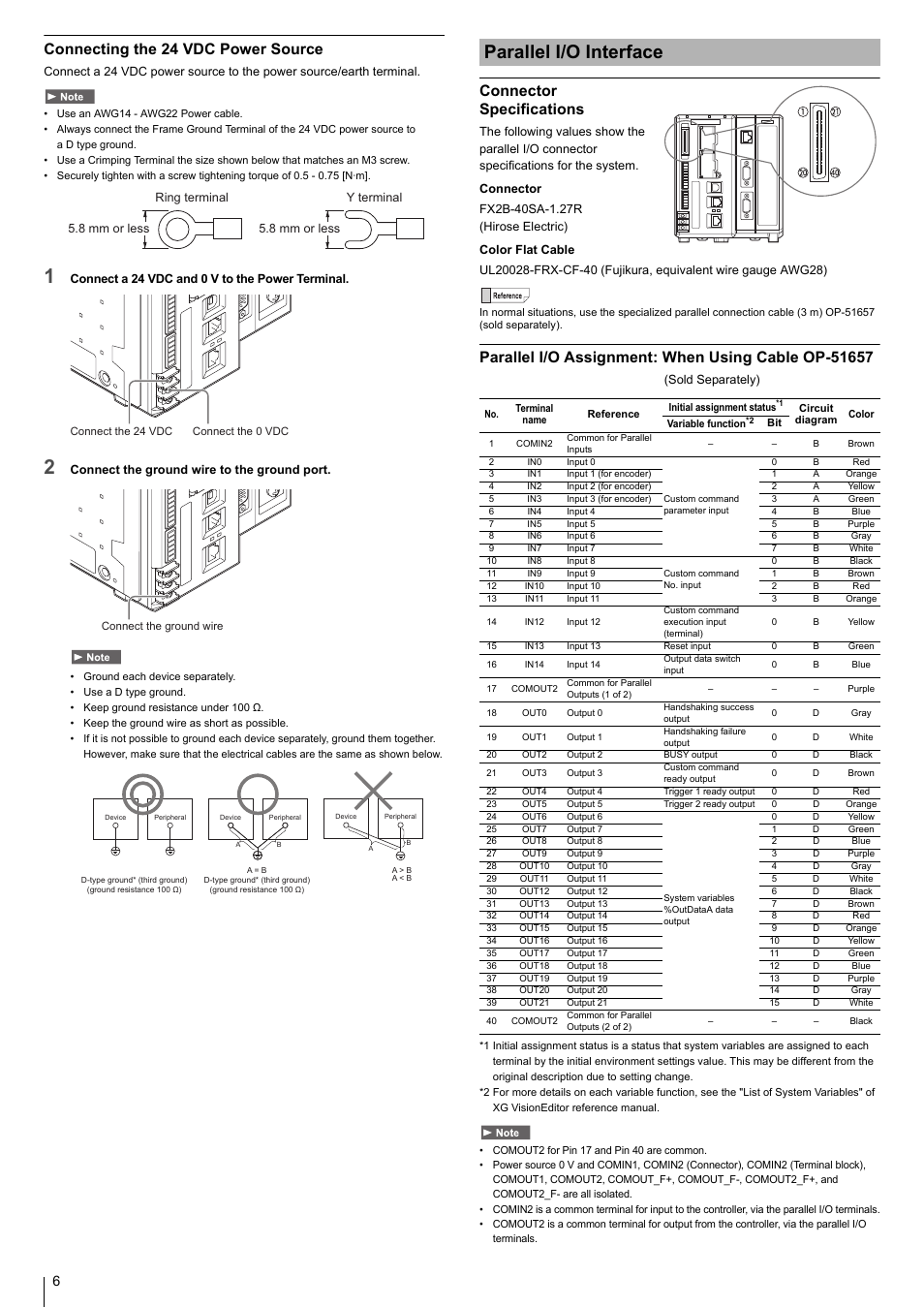 Connecting the 24 vdc power source, Parallel i/o interface, Connector specifications | Parallel i/o assignment: when using cable op-51657 | KEYENCE XG-8700T User Manual | Page 6 / 12