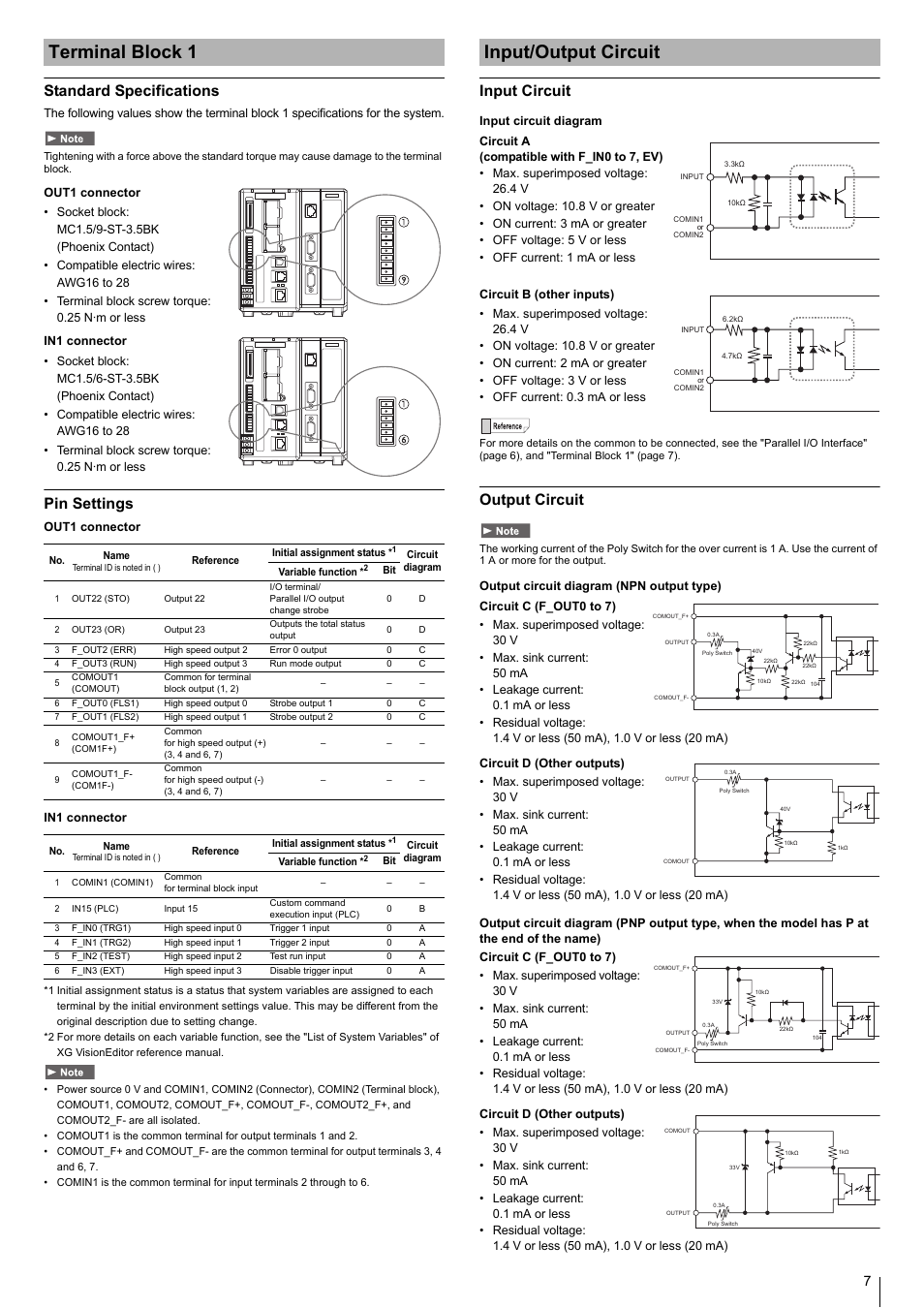 Terminal block 1, Standard specifications, Pin settings | Input/output circuit, Input circuit, Output circuit | KEYENCE XG-8700T User Manual | Page 7 / 12