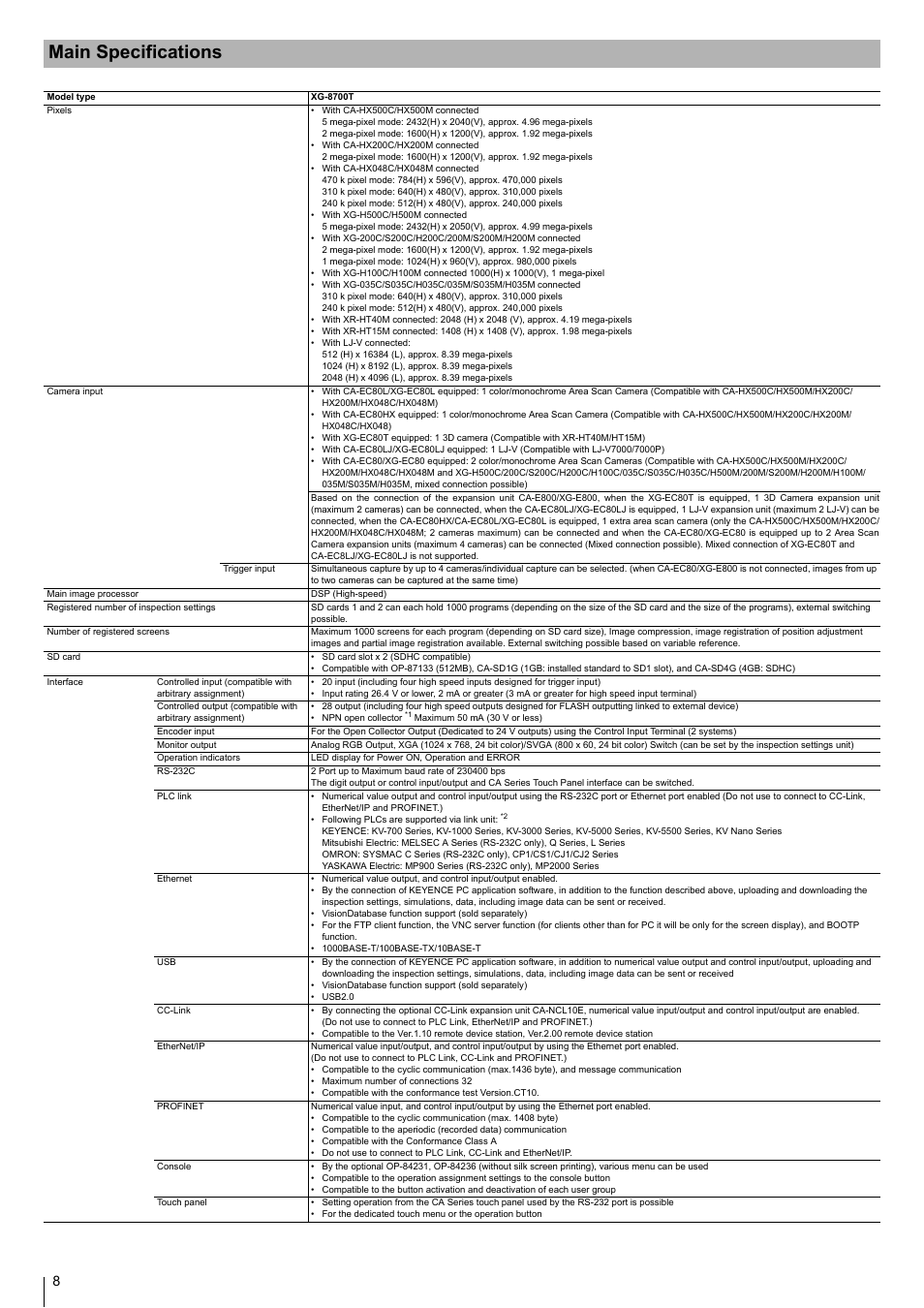 Main specifications | KEYENCE XG-8700T User Manual | Page 8 / 12