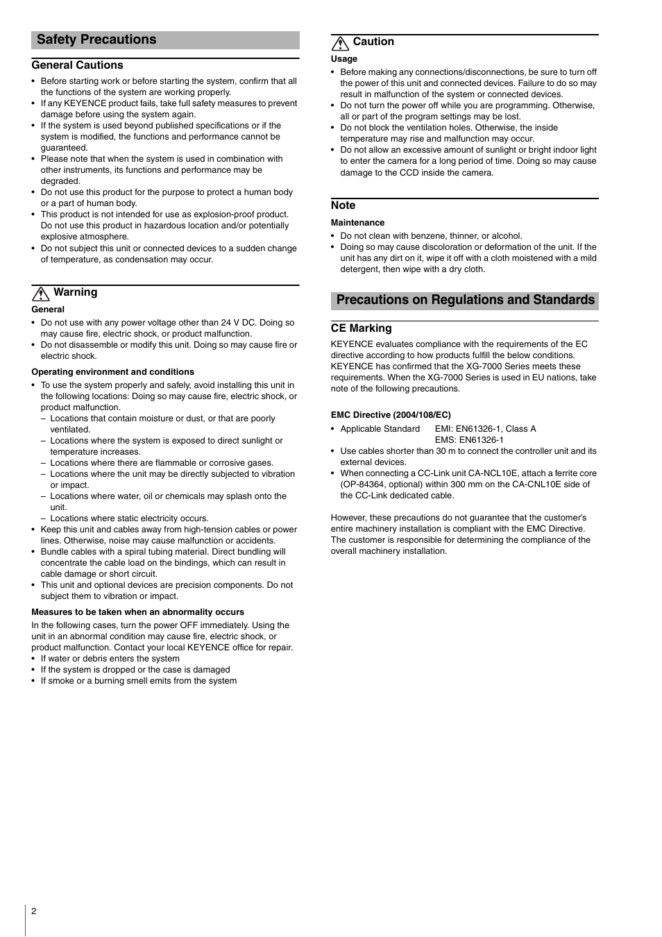 Safety precautions, General cautions, Warning | Caution, Note, Precautions on regulations and standards, Ce marking | KEYENCE XG-7000 Series User Manual | Page 2 / 8