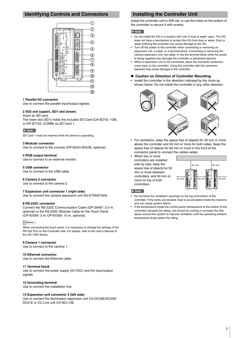 Identifying controls and connectors, Installing the controller unit, Caution on direction of controller mounting | KEYENCE XG-7000 Series User Manual | Page 3 / 8