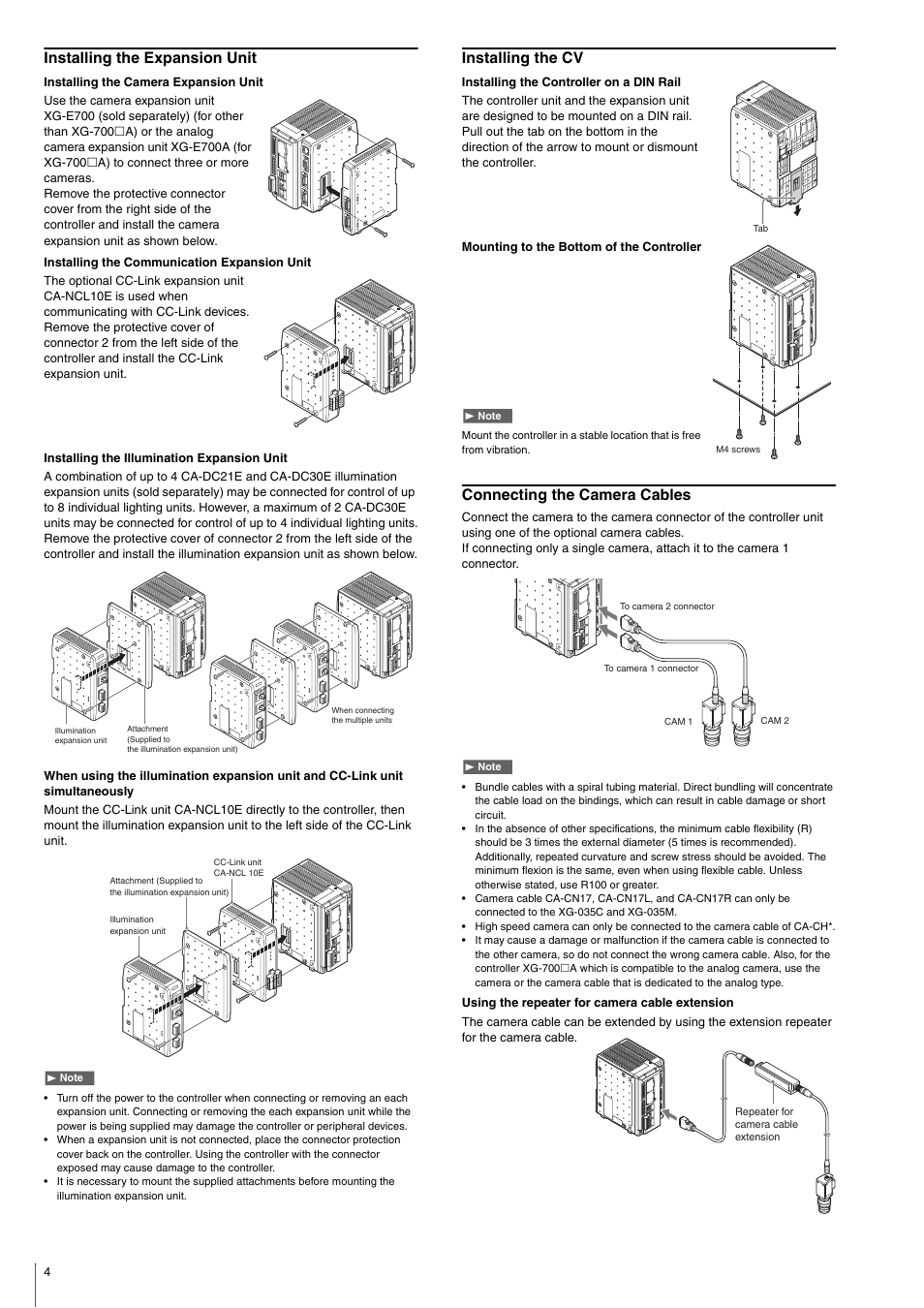 Installing the expansion unit, Installing the cv, Connecting the camera cables | KEYENCE XG-7000 Series User Manual | Page 4 / 8