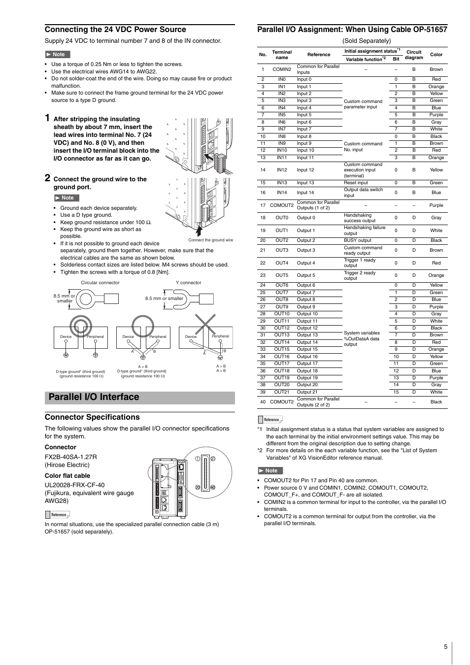 Connecting the 24 vdc power source, Parallel i/o interface, Connector specifications | Parallel i/o assignment: when using cable op-51657 | KEYENCE XG-7000 Series User Manual | Page 5 / 8