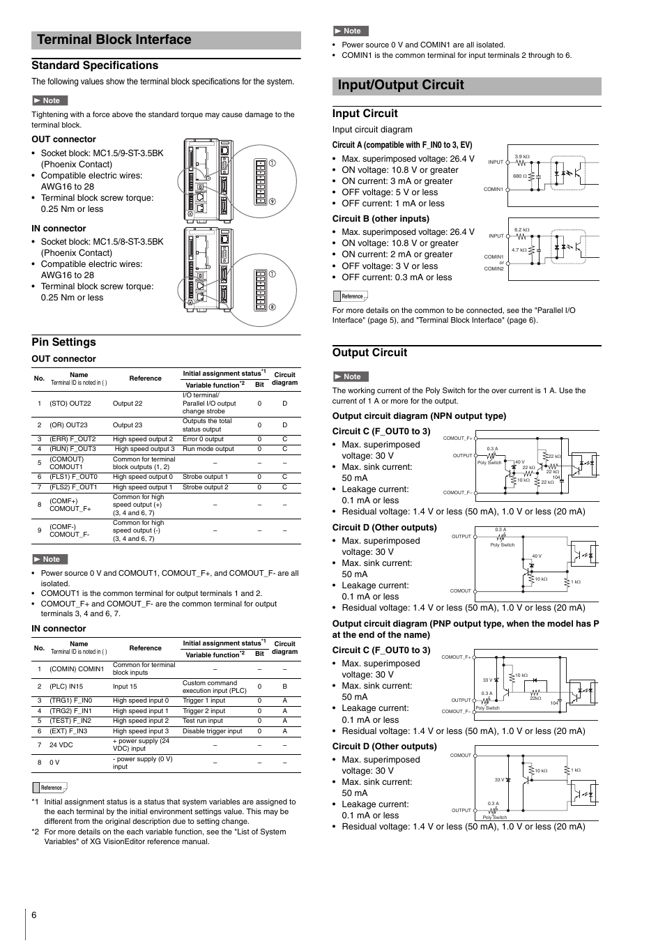 Terminal block interface, Standard specifications, Pin settings | Input/output circuit, Input circuit, Output circuit | KEYENCE XG-7000 Series User Manual | Page 6 / 8