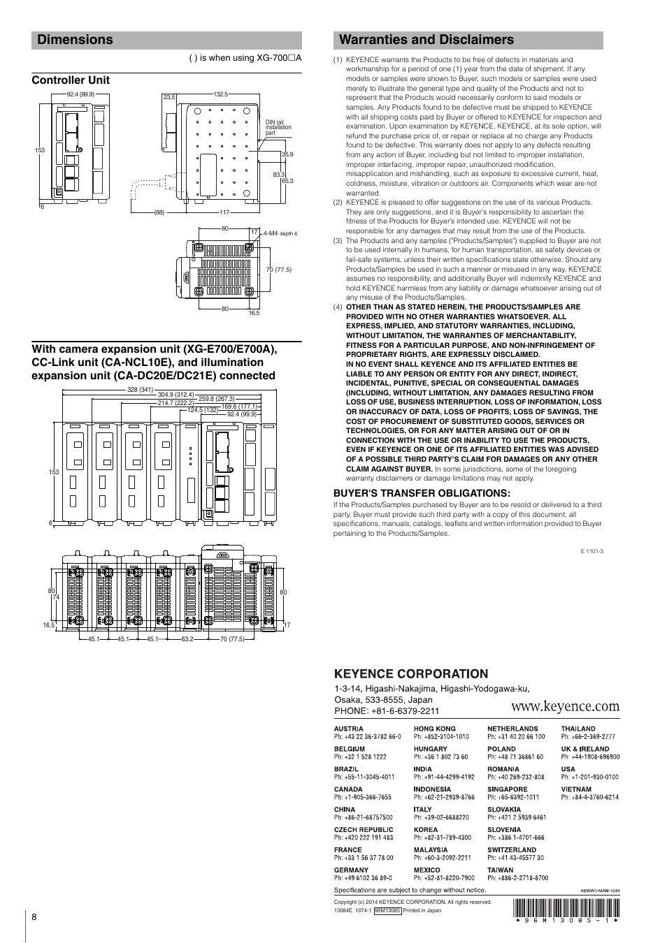 Dimensions, Controller unit, Warranties and disclaimers | Buyer's transfer obligations | KEYENCE XG-7000 Series User Manual | Page 8 / 8