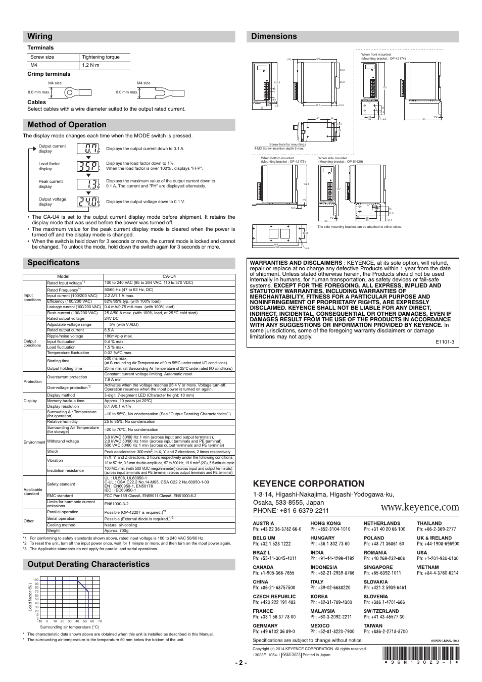 Wiring, Method of operation, Specificatons | Output derating characteristics, Dimensions, Terminals crimp terminals cables | KEYENCE CA-U4 User Manual | Page 2 / 2