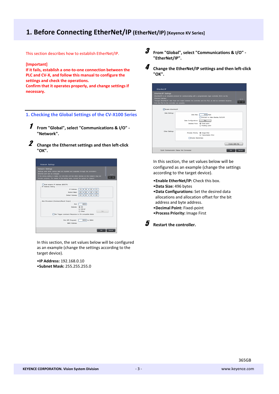 Before connecting ethernet/ip | KEYENCE CV-X Series User Manual | Page 3 / 20