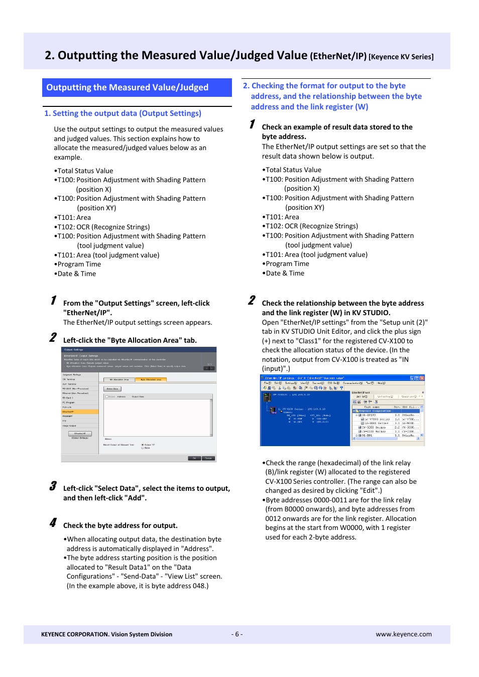 Outputting the measured value/judged value, Ethernet/ip) | KEYENCE CV-X Series User Manual | Page 6 / 20