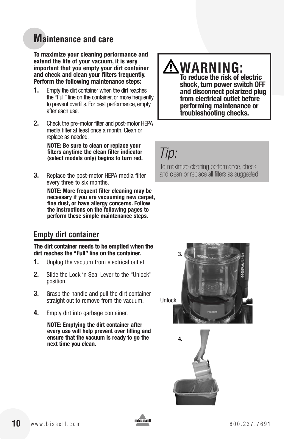Warning, Aintenance and care | Bissell 82G7S User Manual | Page 10 / 20