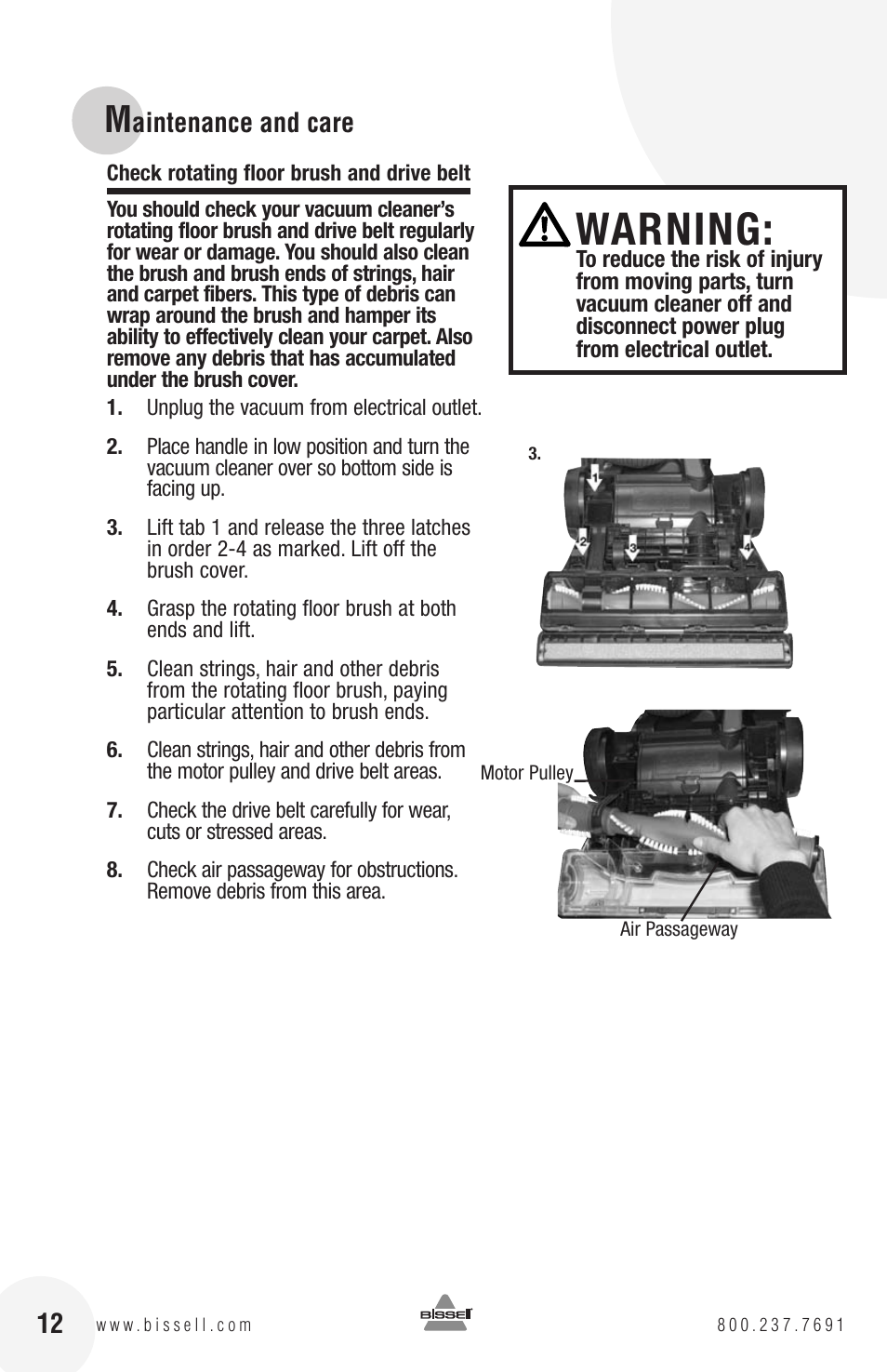 Warning | Bissell 82G7S User Manual | Page 12 / 20
