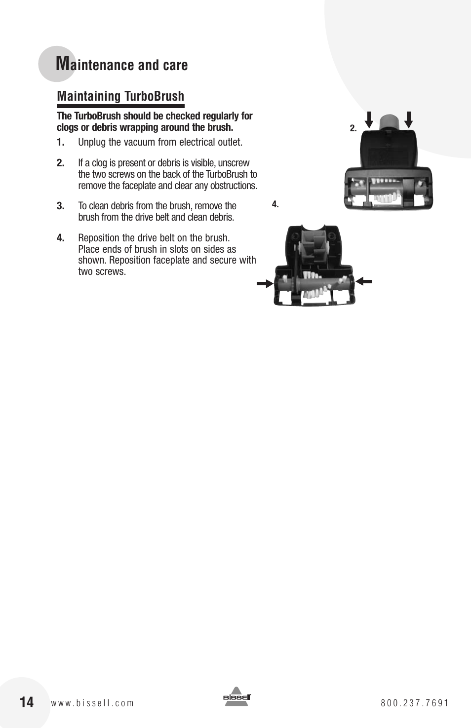 Aintenance and care, Maintaining turbobrush | Bissell 82G7S User Manual | Page 14 / 20