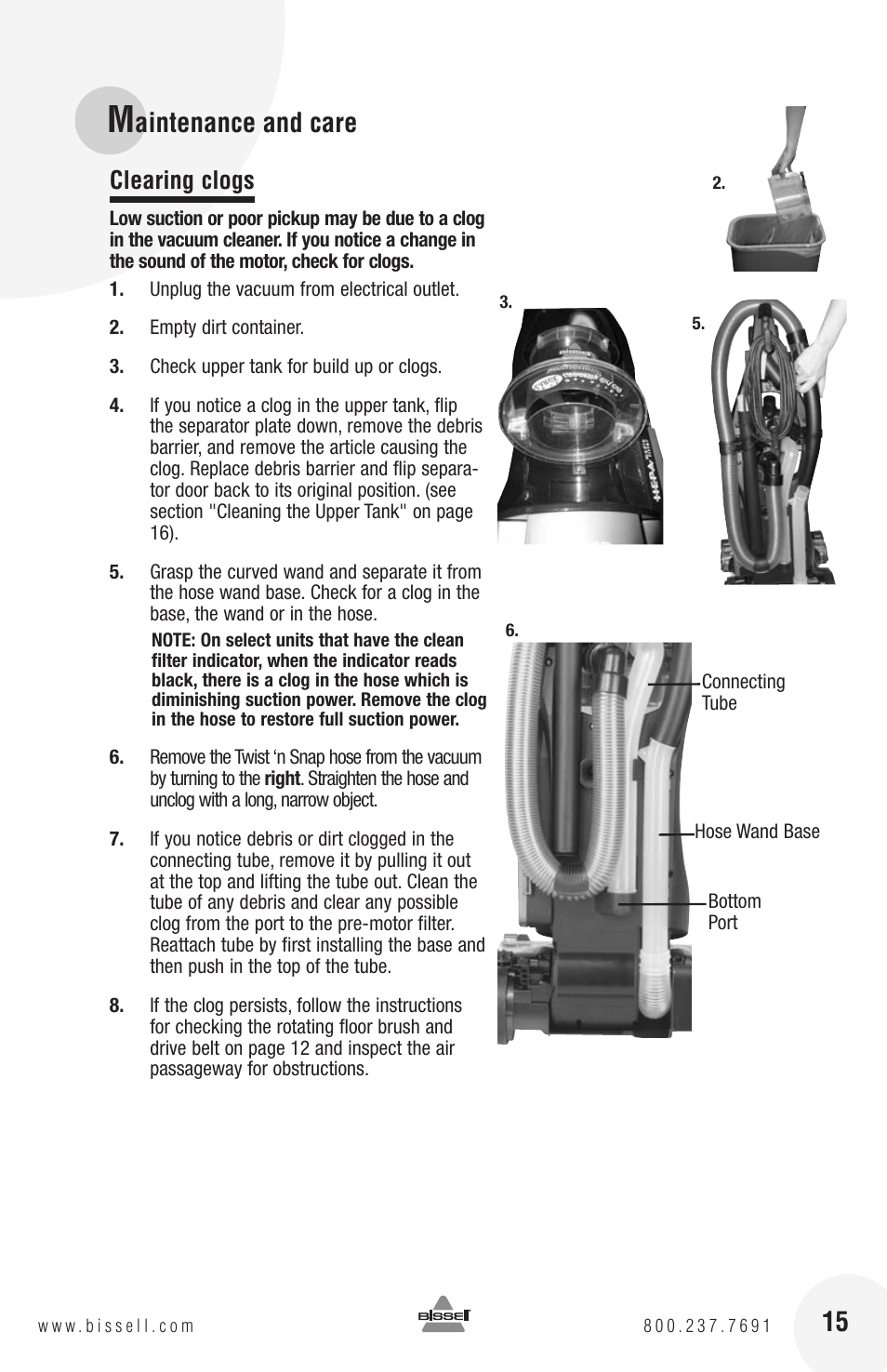 Aintenance and care, Clearing clogs | Bissell 82G7S User Manual | Page 15 / 20