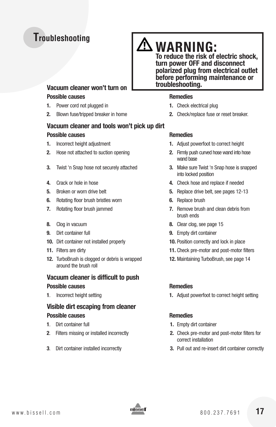Warning, Roubleshooting | Bissell 82G7S User Manual | Page 17 / 20