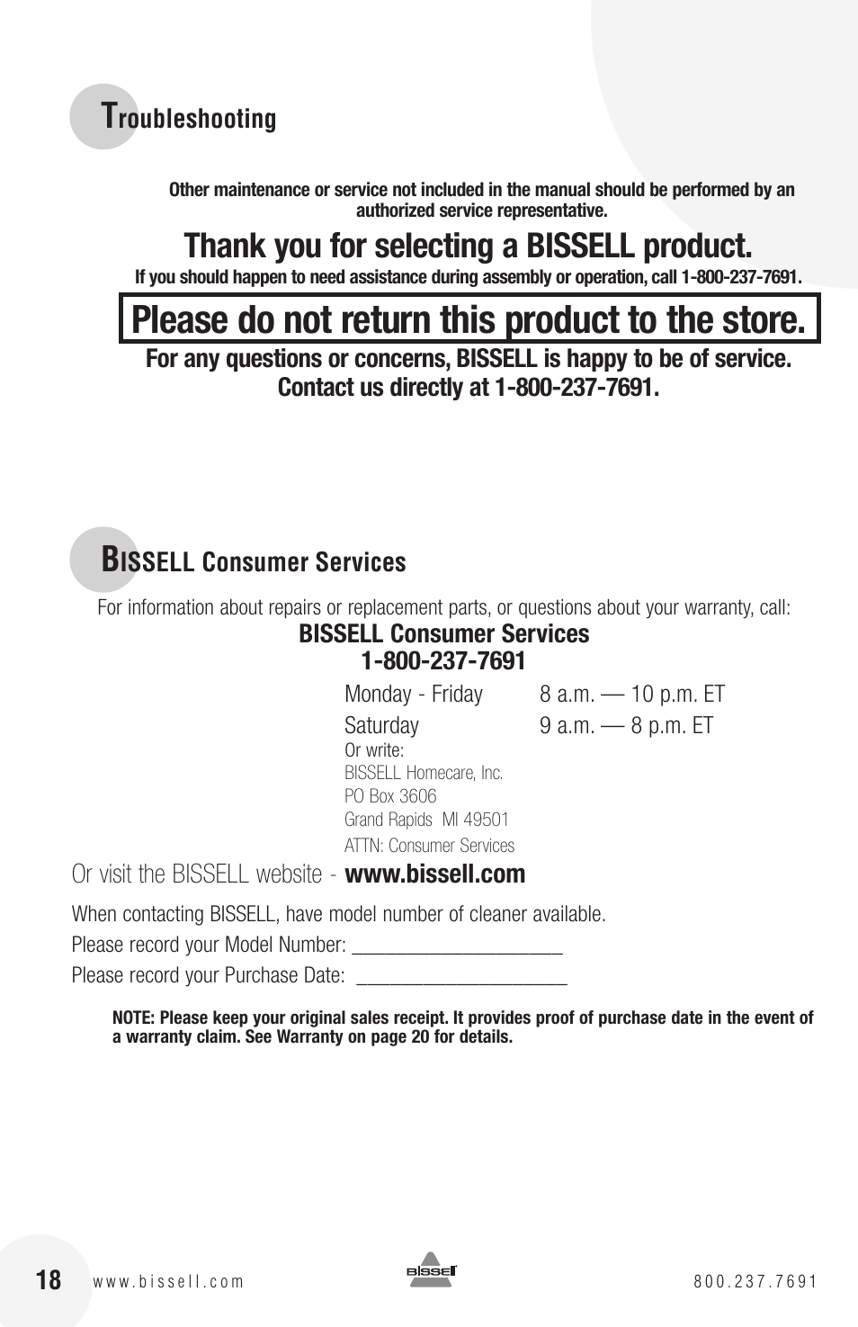 Please do not return this product to the store | Bissell 82G7S User Manual | Page 18 / 20