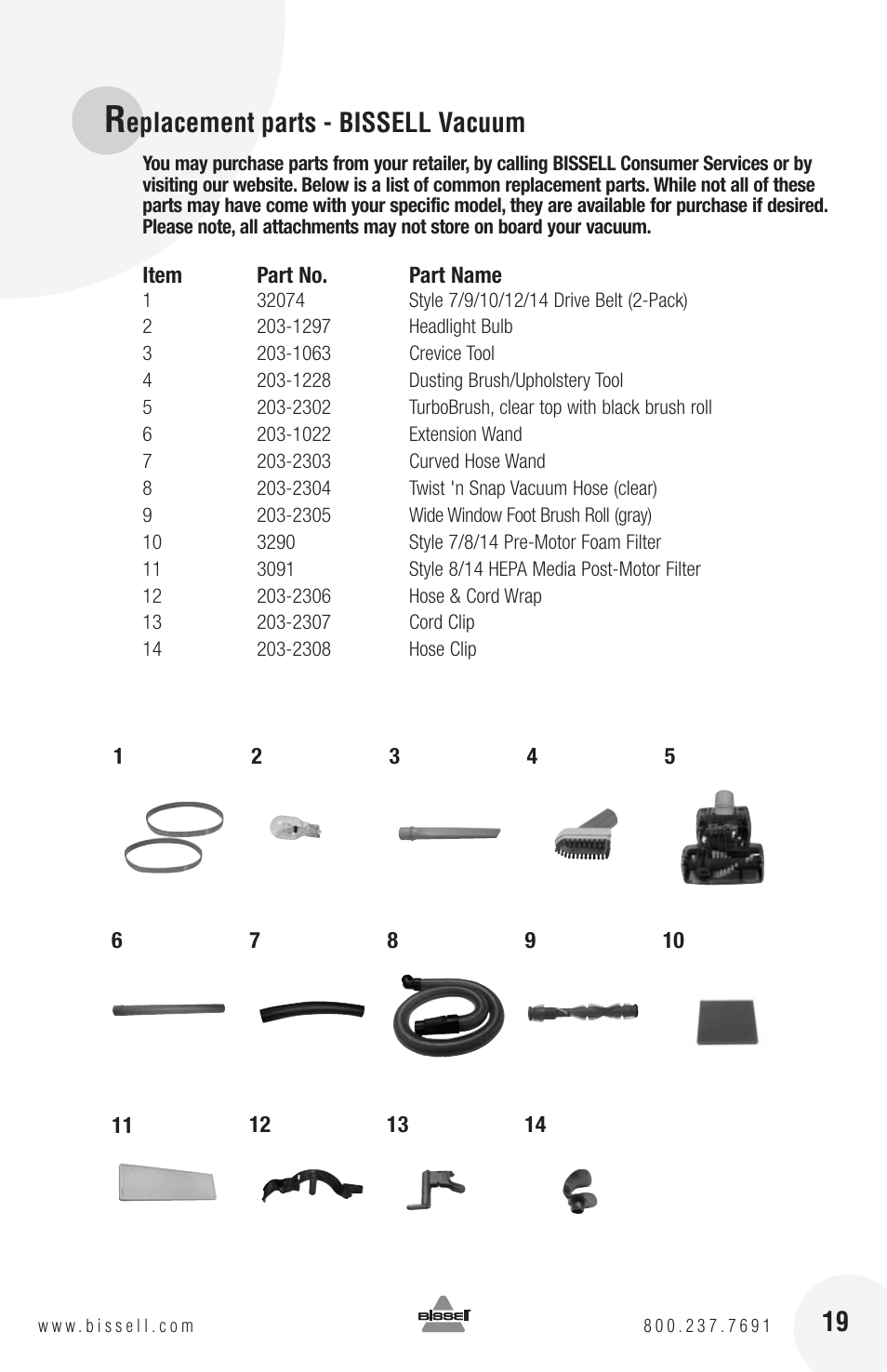 Eplacement parts - bissell vacuum | Bissell 82G7S User Manual | Page 19 / 20