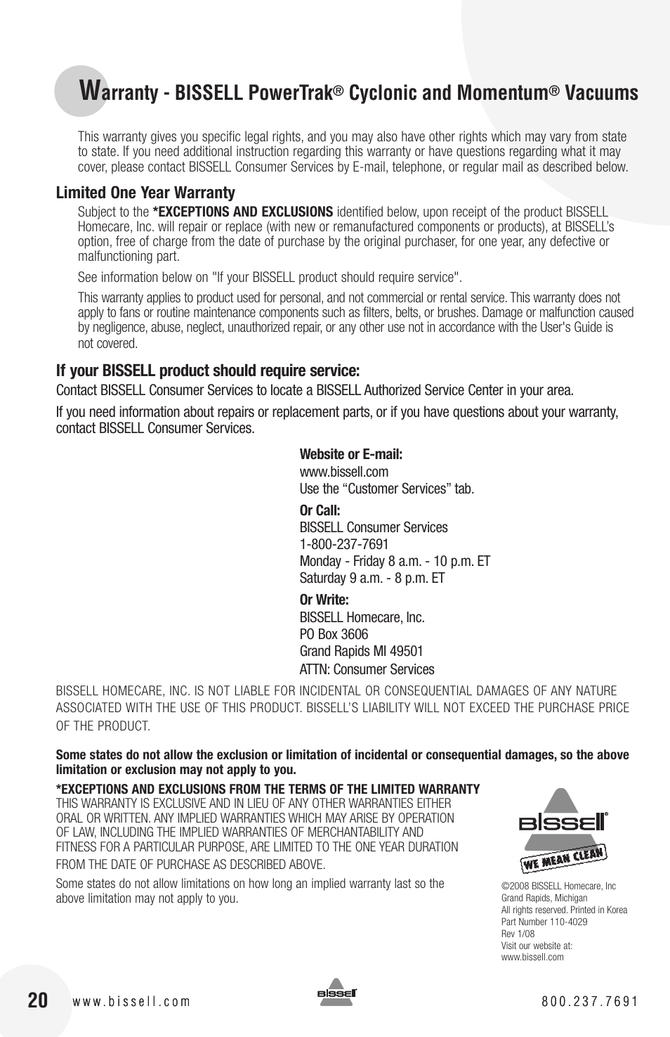 Arranty - bissell powertrak, Cyclonic and momentum, Vacuums | Bissell 82G7S User Manual | Page 20 / 20