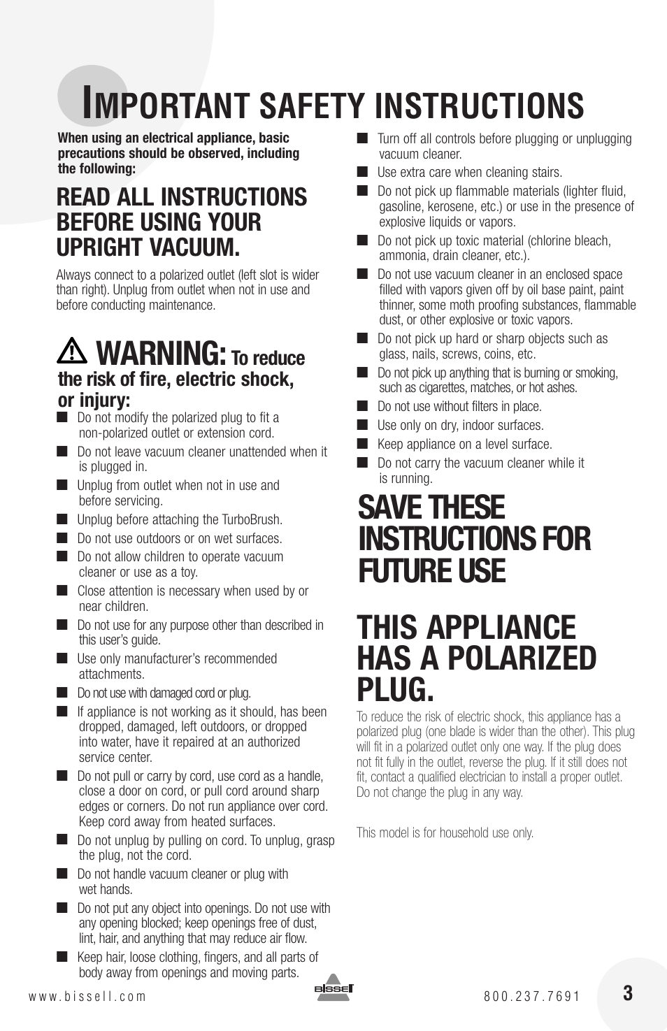 Mportant safety instructions, Warning | Bissell 82G7S User Manual | Page 3 / 20
