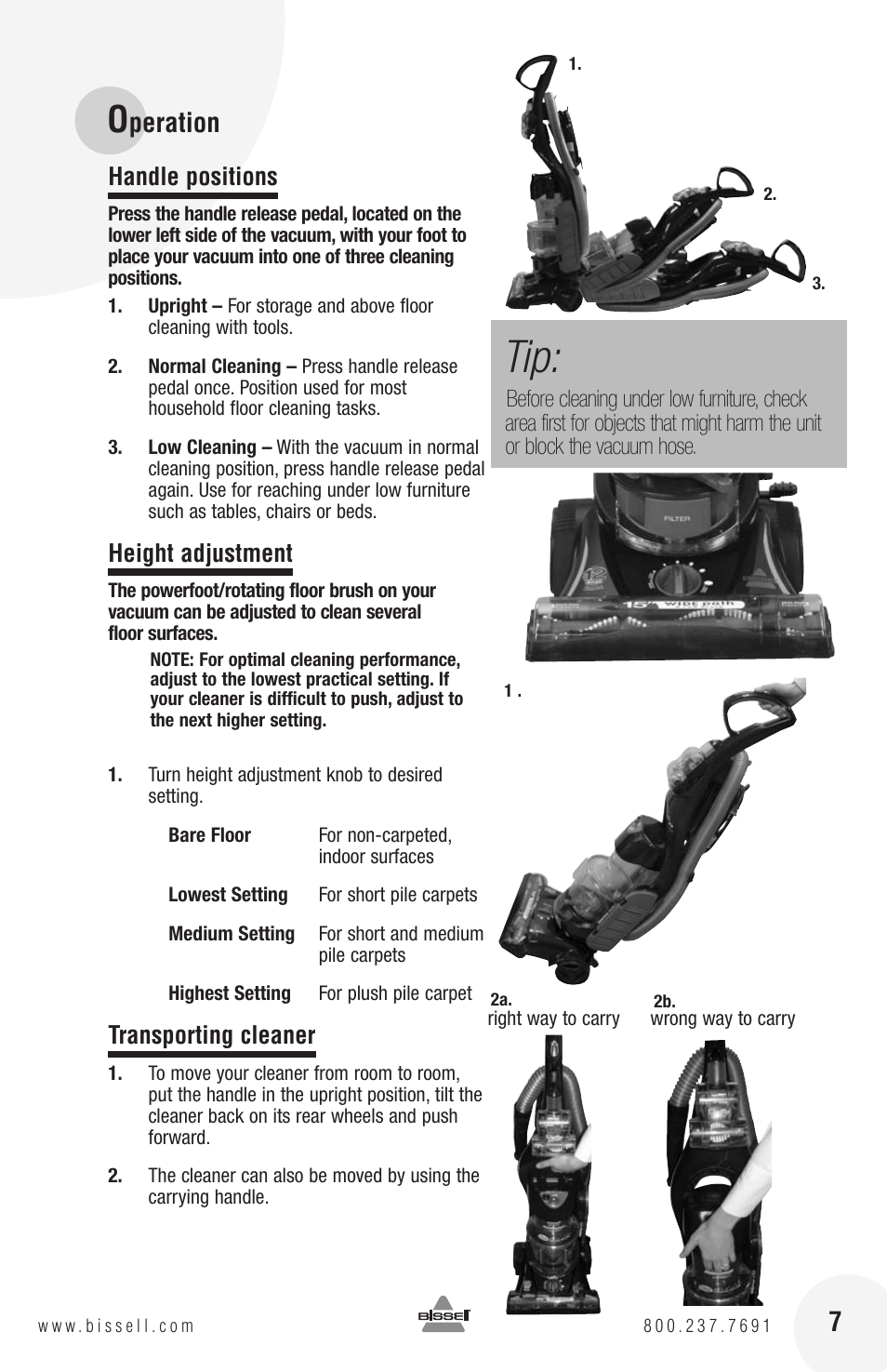 Peration 7, Handle positions, Height adjustment | Transporting cleaner | Bissell 82G7S User Manual | Page 7 / 20