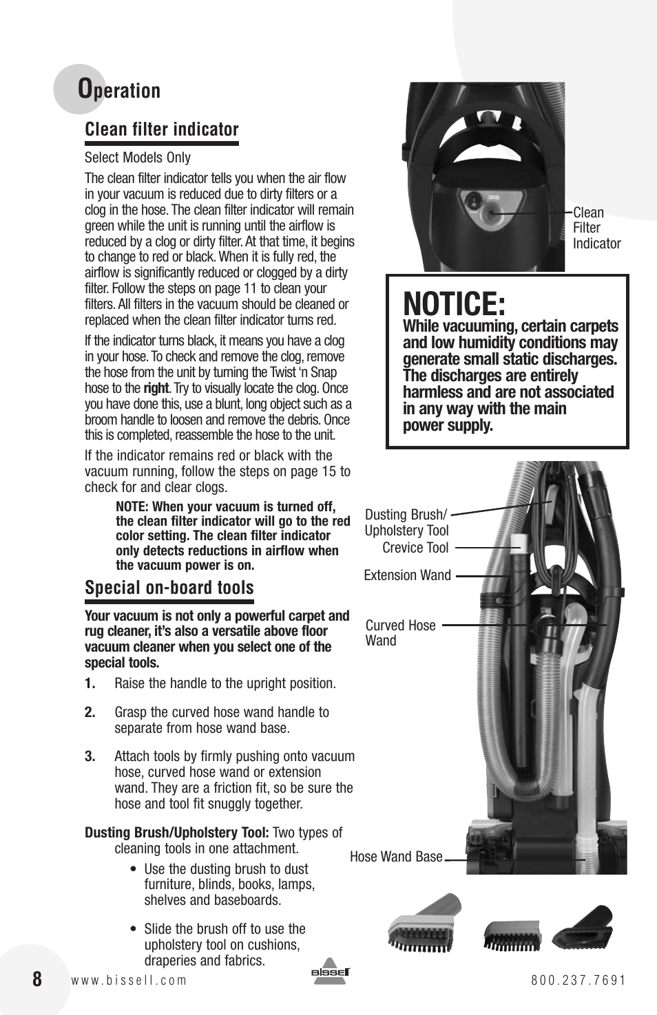 Notice, Peration, Clean filter indicator | Special on-board tools | Bissell 82G7S User Manual | Page 8 / 20