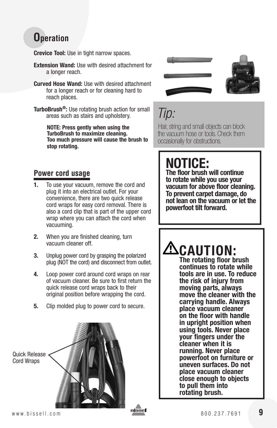 Notice, Caution, Peration 9 | Bissell 82G7S User Manual | Page 9 / 20