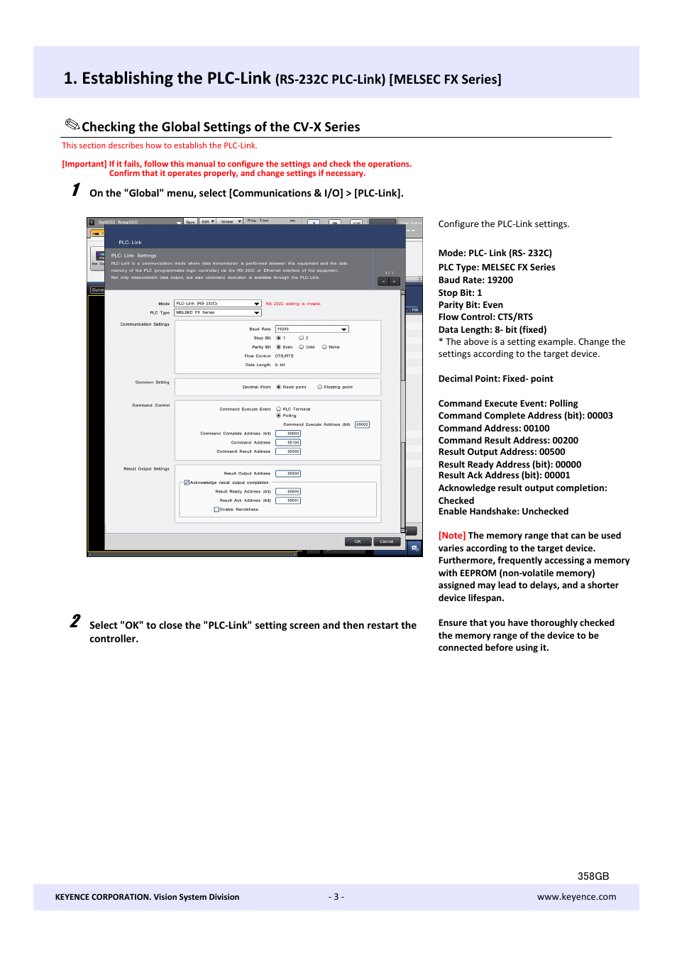 Establishing the plc-link, Checking the global settings of the cv-x series, Rs-232c plc-link) [melsec fx series | KEYENCE CV-X Series User Manual | Page 3 / 16