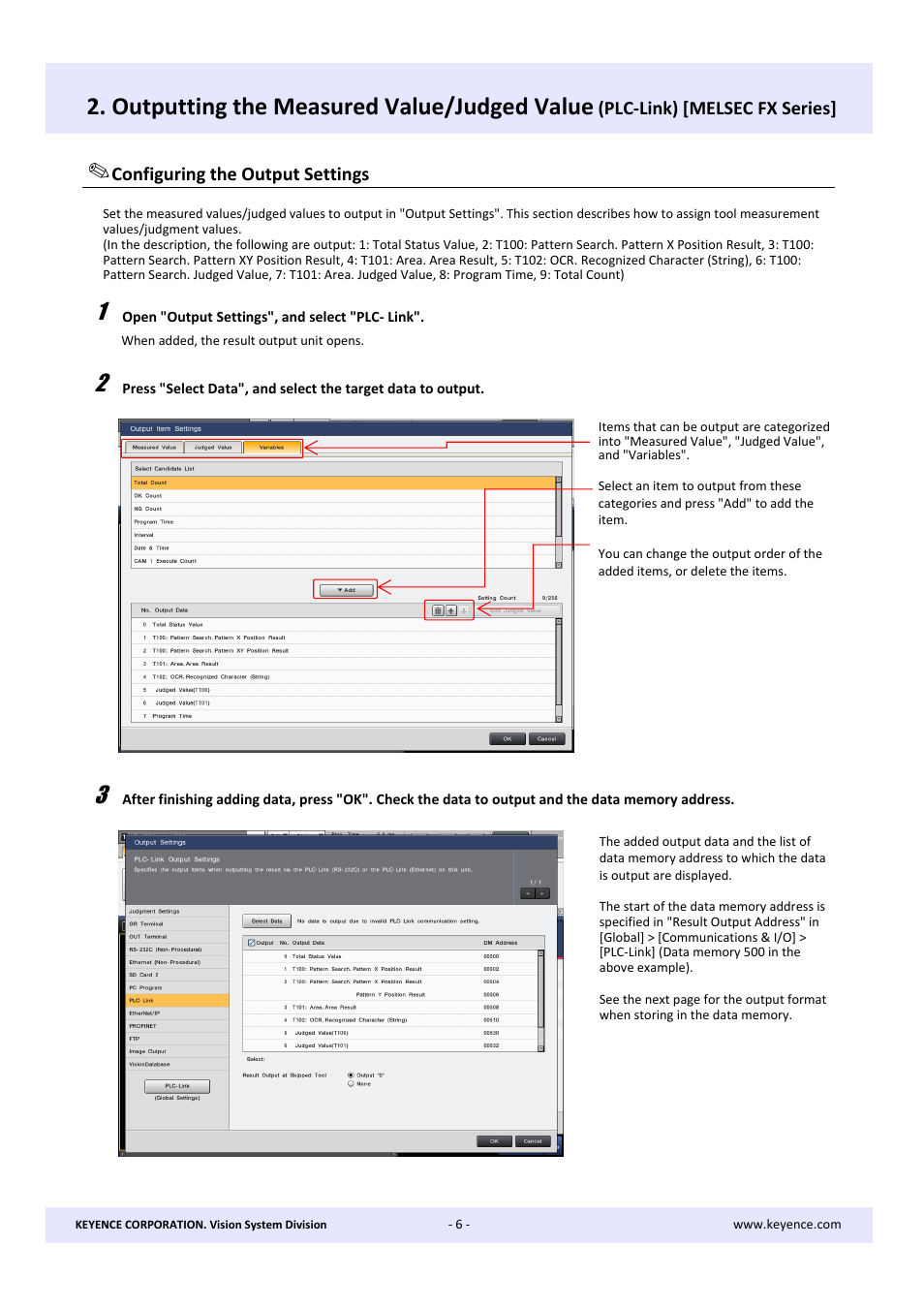 Outputting the measured value/judged value | KEYENCE CV-X Series User Manual | Page 6 / 16