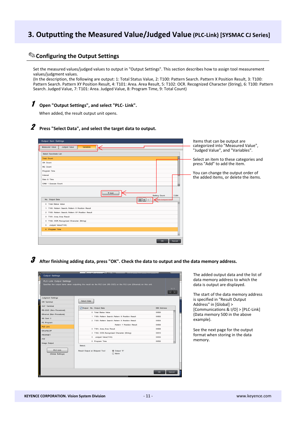 Outputting the measured value/judged value | KEYENCE CV-X Series User Manual | Page 11 / 22