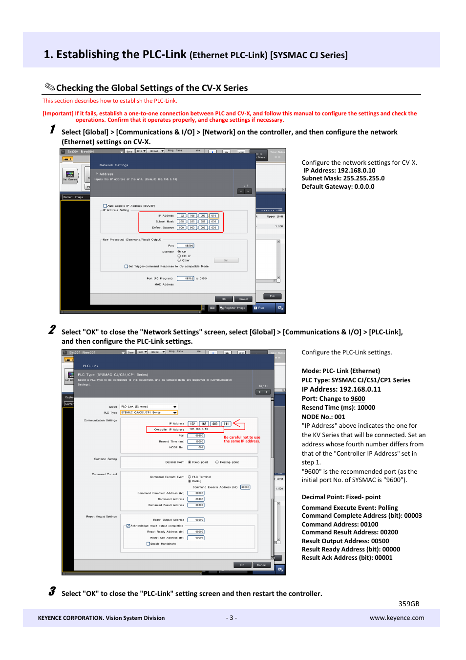 Establishing the plc-link, Ethernet plc-link) [sysmac cj series, Checking the global settings of the cv-x series | KEYENCE CV-X Series User Manual | Page 3 / 22