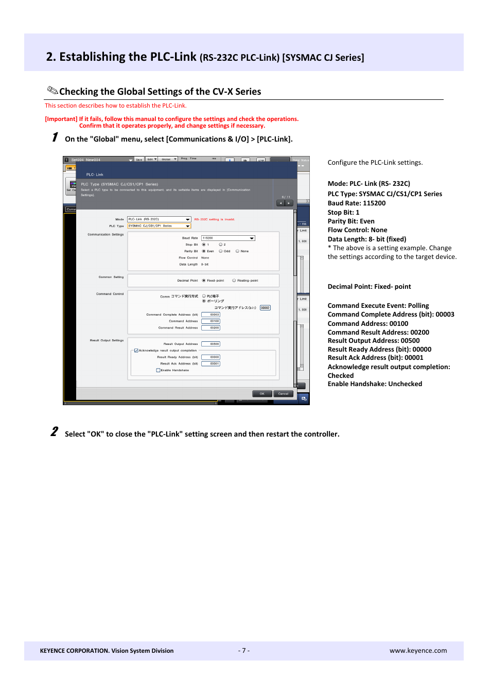 Establishing the plc-link | KEYENCE CV-X Series User Manual | Page 7 / 22